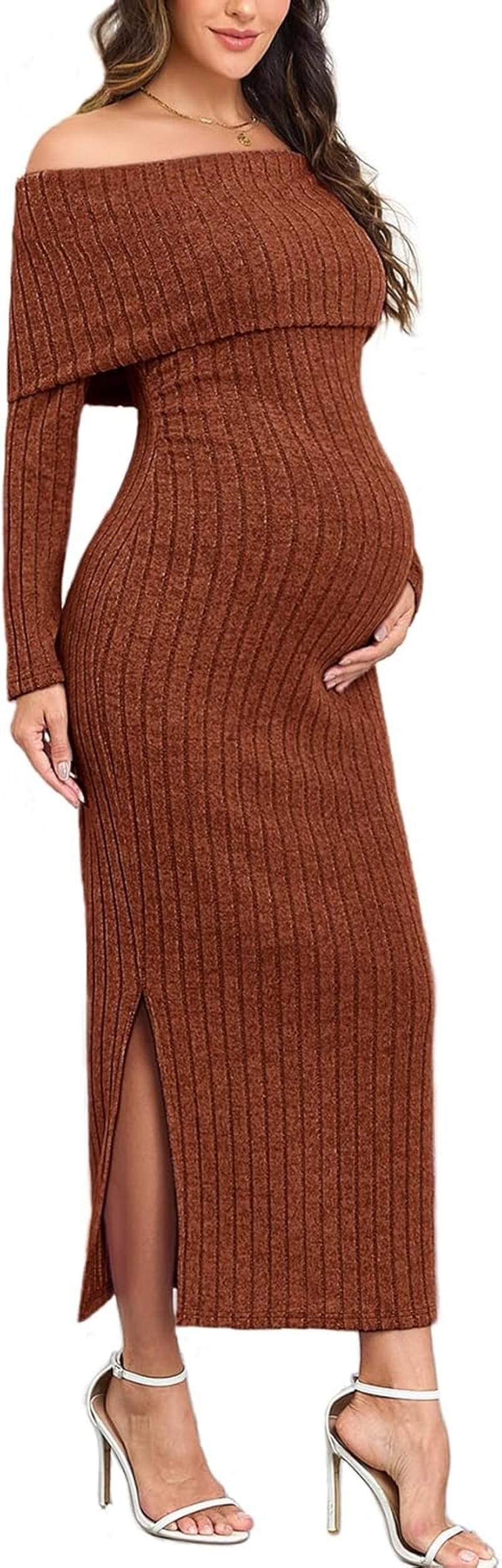 CYCLAMEN Off-Shoulder Maternity Sweater Dress Rib Knit Long Sleeve Dresses with Side Slit Pregnancy Clothes Baby Shower