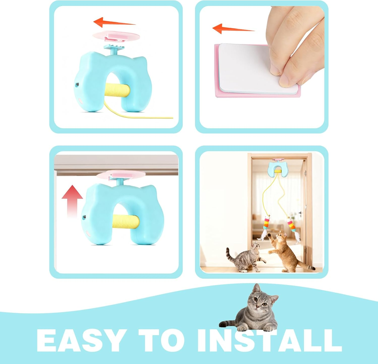 Upgraded Interactive Cat Toy with 2 Replaceable Feather Tops & 1.8M Long Rope | Hanging Toy for Door & Wall | Automatic Retractable Feather Toy for Indoor Cats | Kitten Chase Exercise Playing