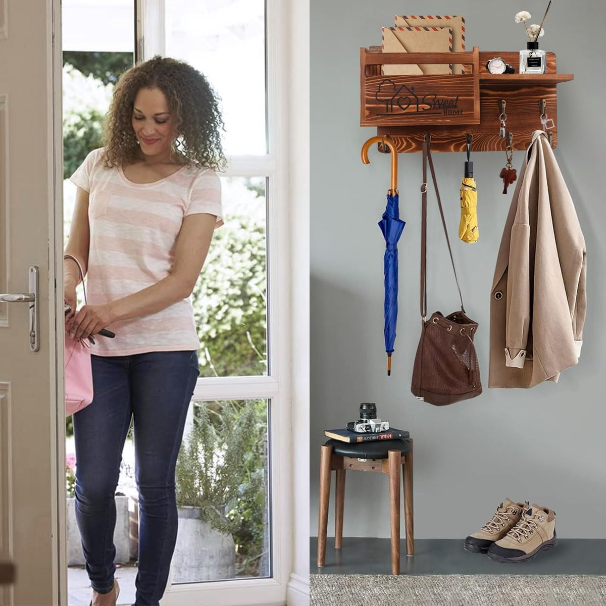 Gocokia Key Hanger Organizer, Mail and Key Holder for Wall Decorative, Wall Shelf with 7 Key Hooks, Wall Mounted Key Hangers with Mailbox, Home Decor (Brown) image number 3