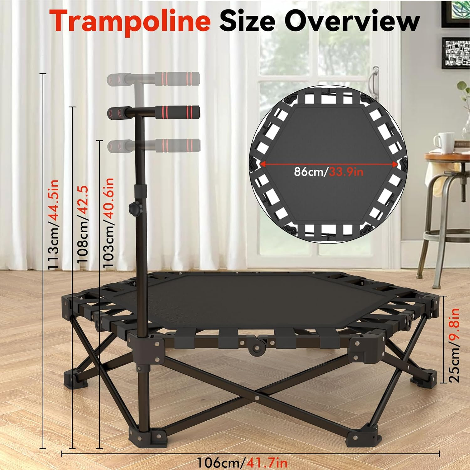 42" Folding Trampoline for Adults Hexagon Workout Trampoline with Steel Frame, Stable Triangular Base, Rebounder for Adults with Bar Mini Trampolines Indoor Adult Supports up to 330LB