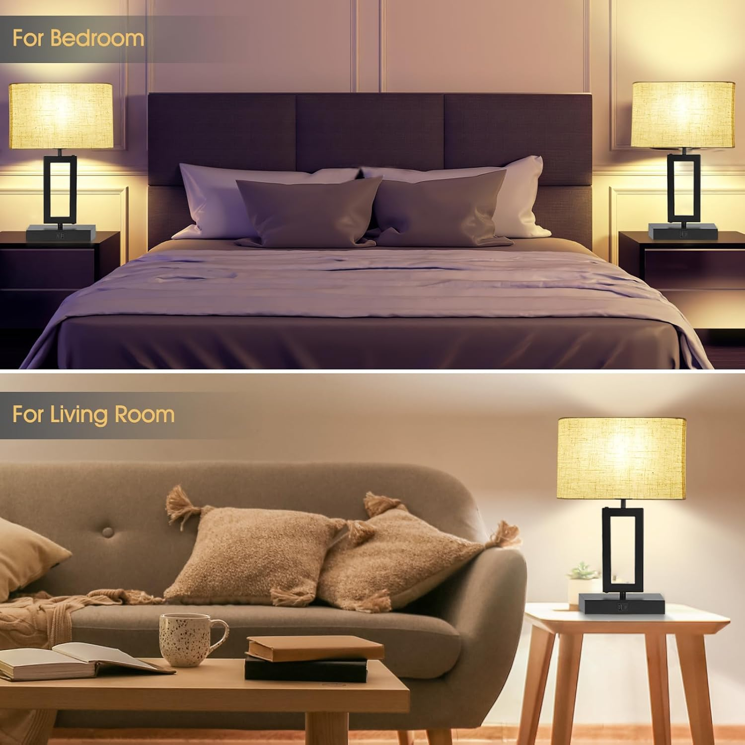 Set of 2 Touch Control Table Lamps for Bedroom: Dimmable Bedside Lamp with USB A/C Ports - Fabric Shade Modern Nightstand Lamp image number 2