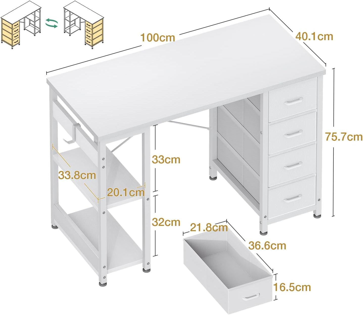 ODK 40Inch Computer Desk with 4 Fabric Drawers and 2 Storage Shelves,Reversible Office Desk with Headphone Hook & Metal Legs,Modern Study Table, Suitable for Home Office, 100 * 40 * 75.7, White image number 2