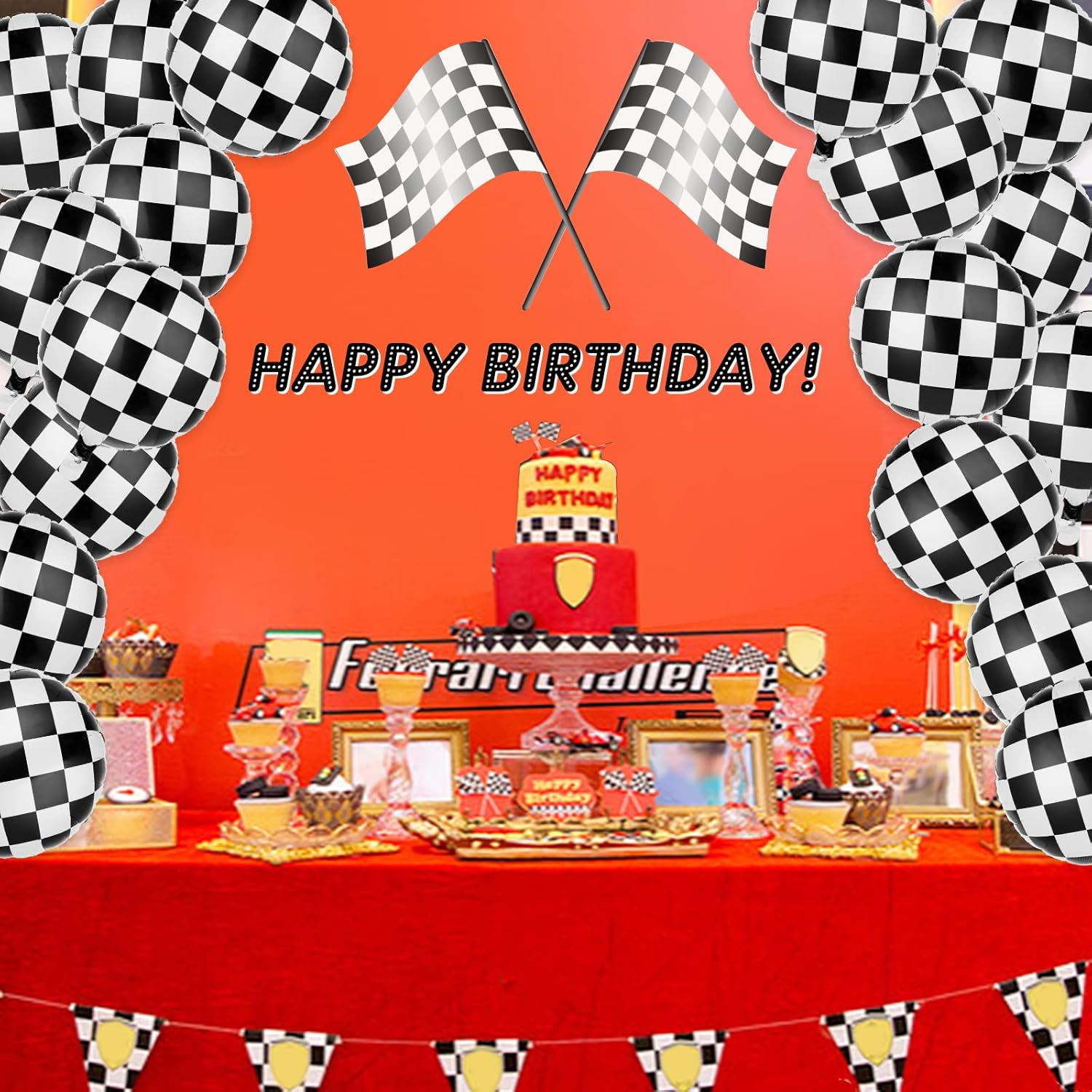 Prasacco 10Pcs Racing Car Balloon Checkerboard Balloon with Ribbon and Straw Black White Checkered Helium Balloon Latex Balloons for Boy Adult 18Inch image number 2