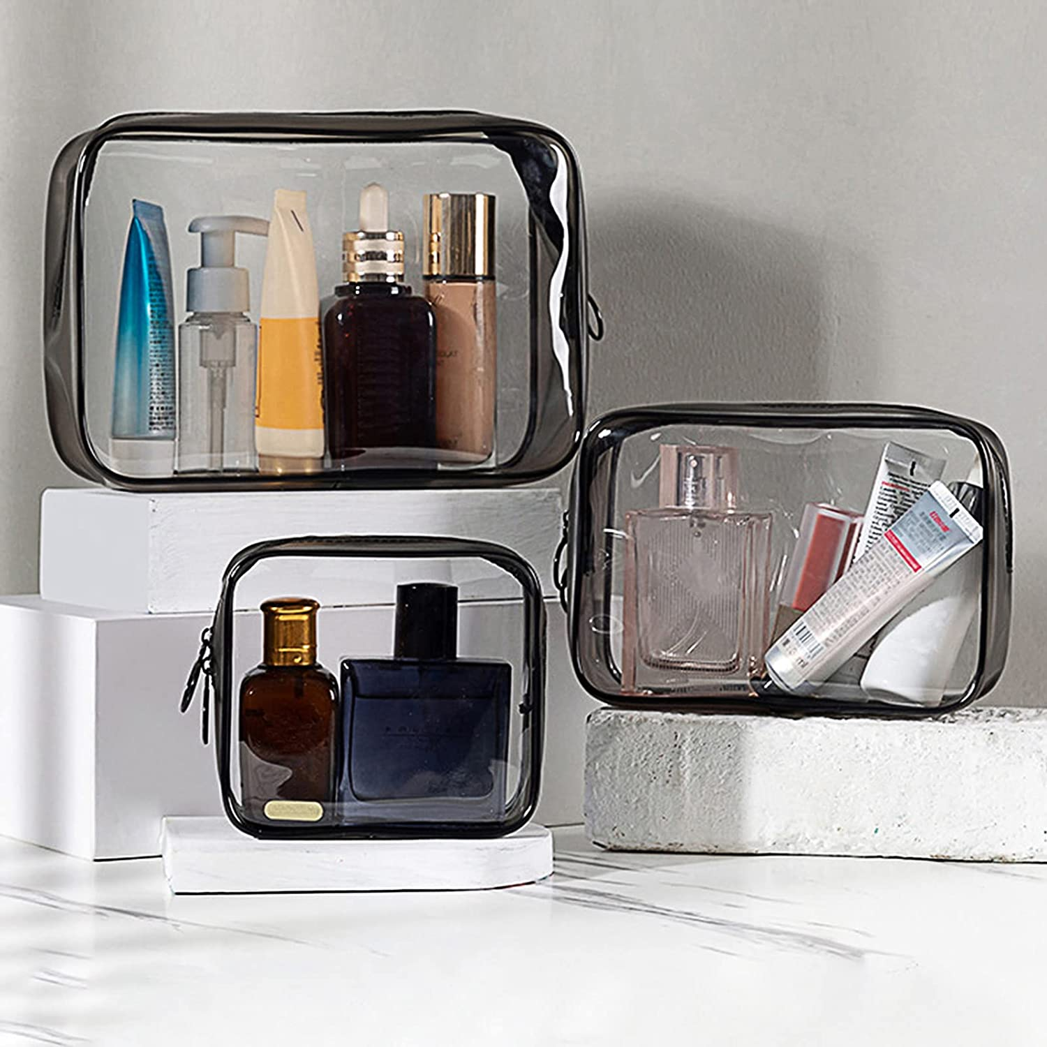 Set of 3 Clear Cosmetic Bags, Double Zipper Sliders Clear Travel Makeup Bags, Water Resistant Toiletry Bags, Portable Clear Pouches, Transparent Travel Pouch Bags (White) image number 4