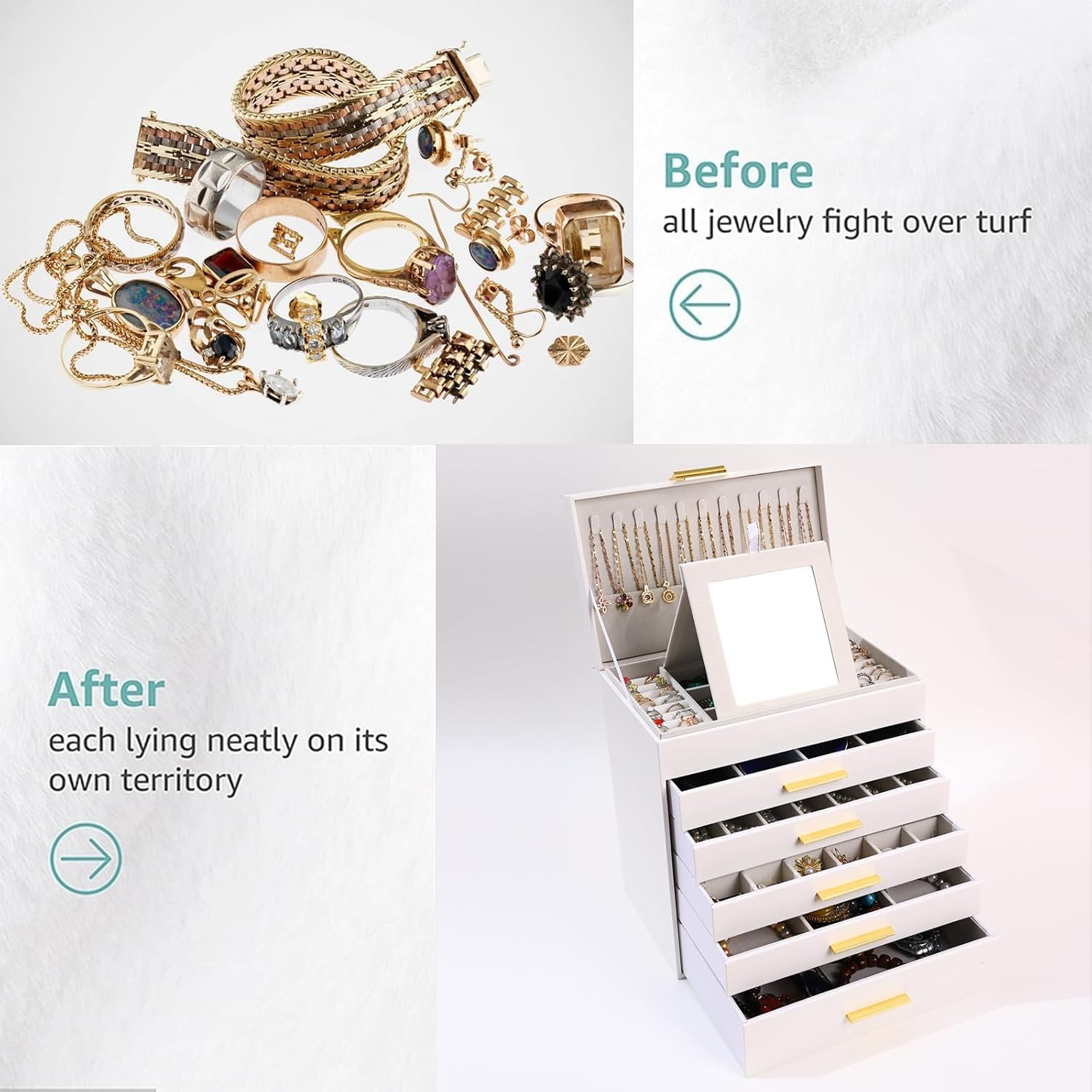Large Jewelry Organizer Box for Women with Mirror &ndash; 6-Layer Storage Case with Drawers, Hooks & Dividers for Rings, Necklaces, Bracelets, Ideal for Women (White) image number 1