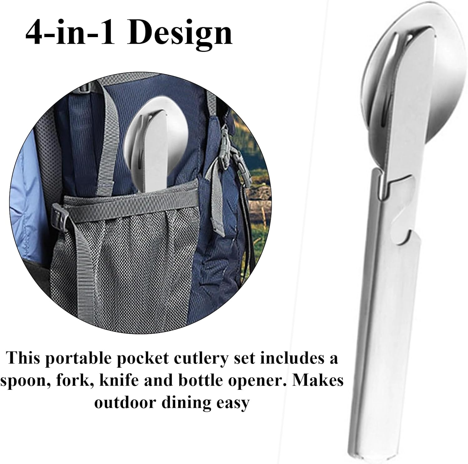 Rhoyee 4-In-1 Stainless Steel Camping Utensil Set &ndash; Portable Folding Knife, Fork, Spoon & Bottle Opener &ndash; Compact Travel Cutlery Kit for Hiking, Backpacking, Outdoor & Emergency Use image number 3