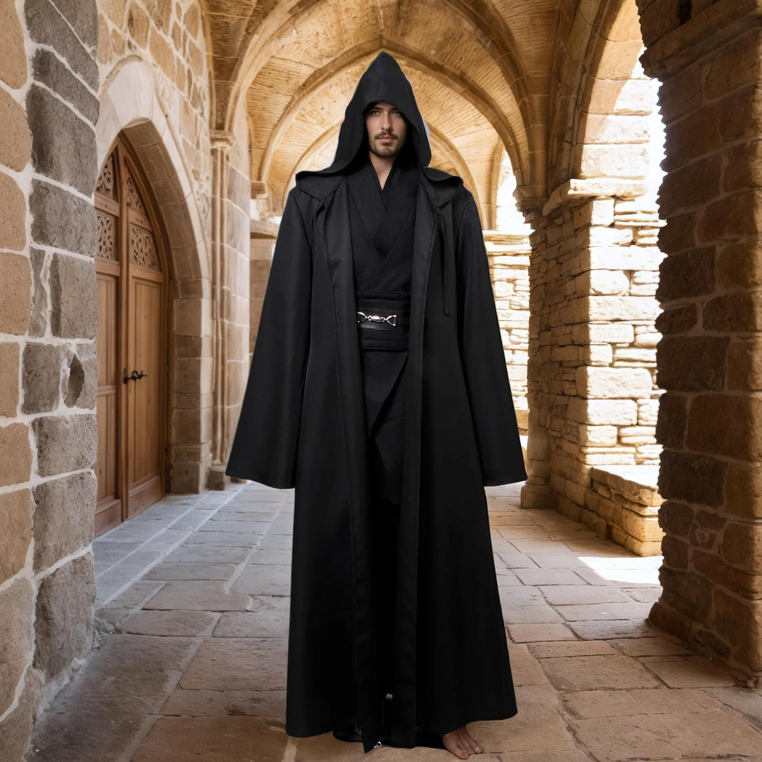 COSOUKE Hooded Cloak Halloween Medieval Costumes Wizard Robe Cape Men Knight Fancy Cool Cosplay Costume image number 1