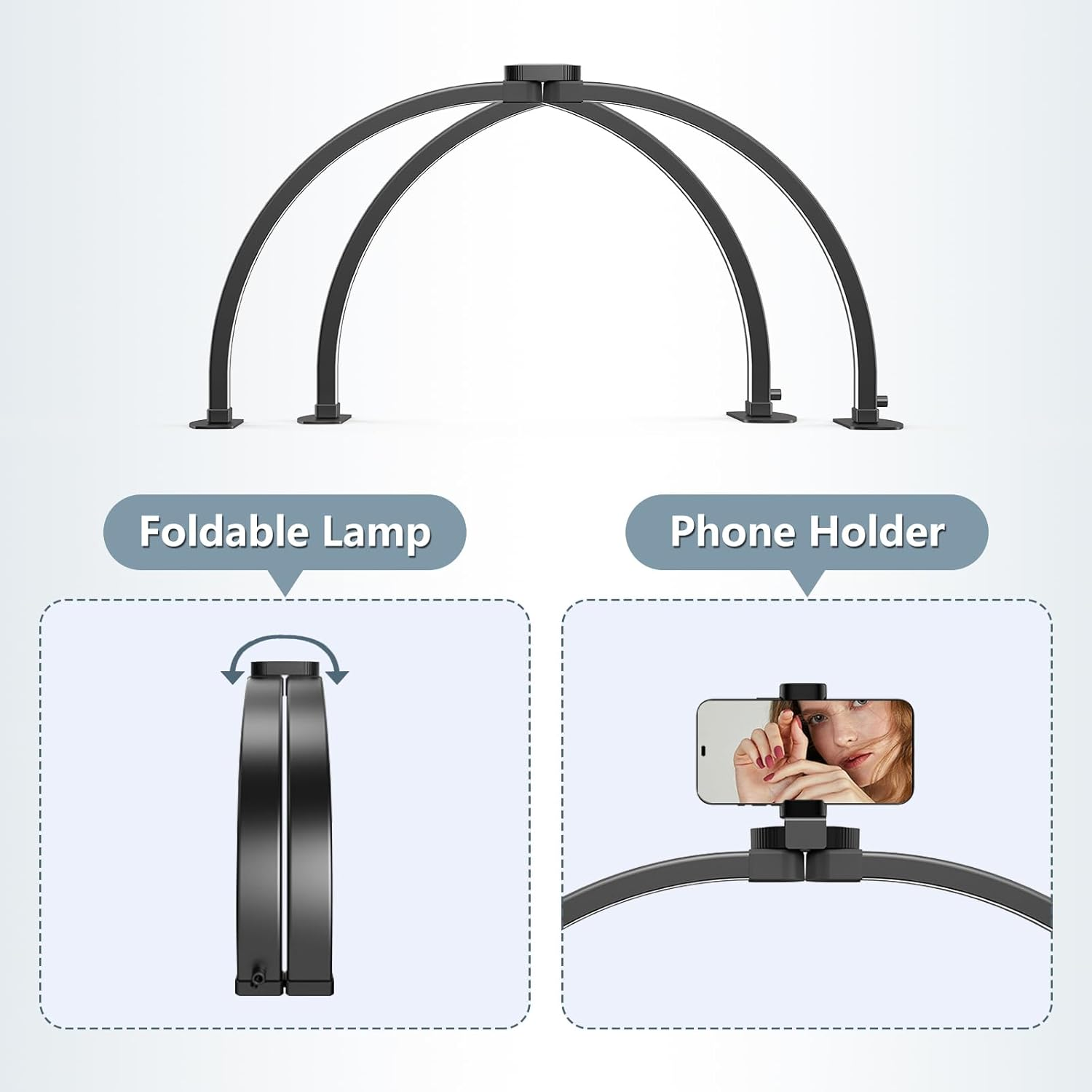 SMOCTAR Crescent Moon Lamp for Nails, 74 Cm Foldable LED Nail Table Lamp for Nail Tech with Phone Holder, Crescent Moon Light, Aesthetician Eyelash Light for Tattoo, Black image number 5