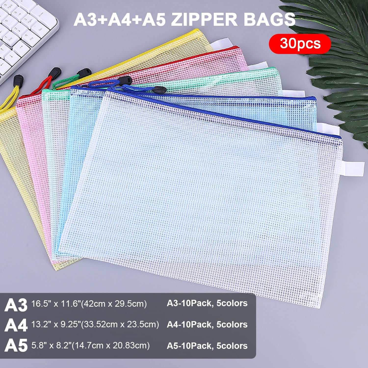 30 Pack Mesh Zipper Pouch, Waterproof Document Bag, Zip File Folders, A3|A4|A5 Size, 5 Colors image number 4