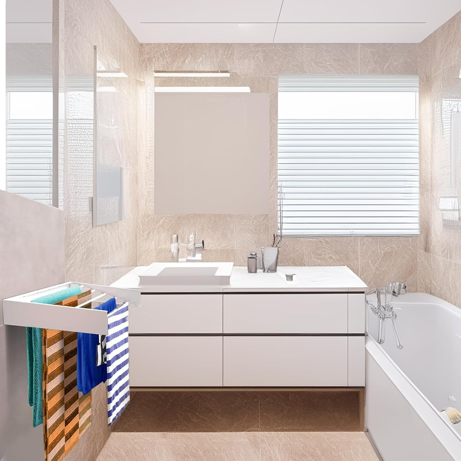 LIWEGHT Laundry Drying Rack Collapsible Wall Mounted Clothes Drying Rack Space-Saver Foldable Clothes Drying Rack with Wall Template and Long Drill Bit -White(100Cm) image number 2