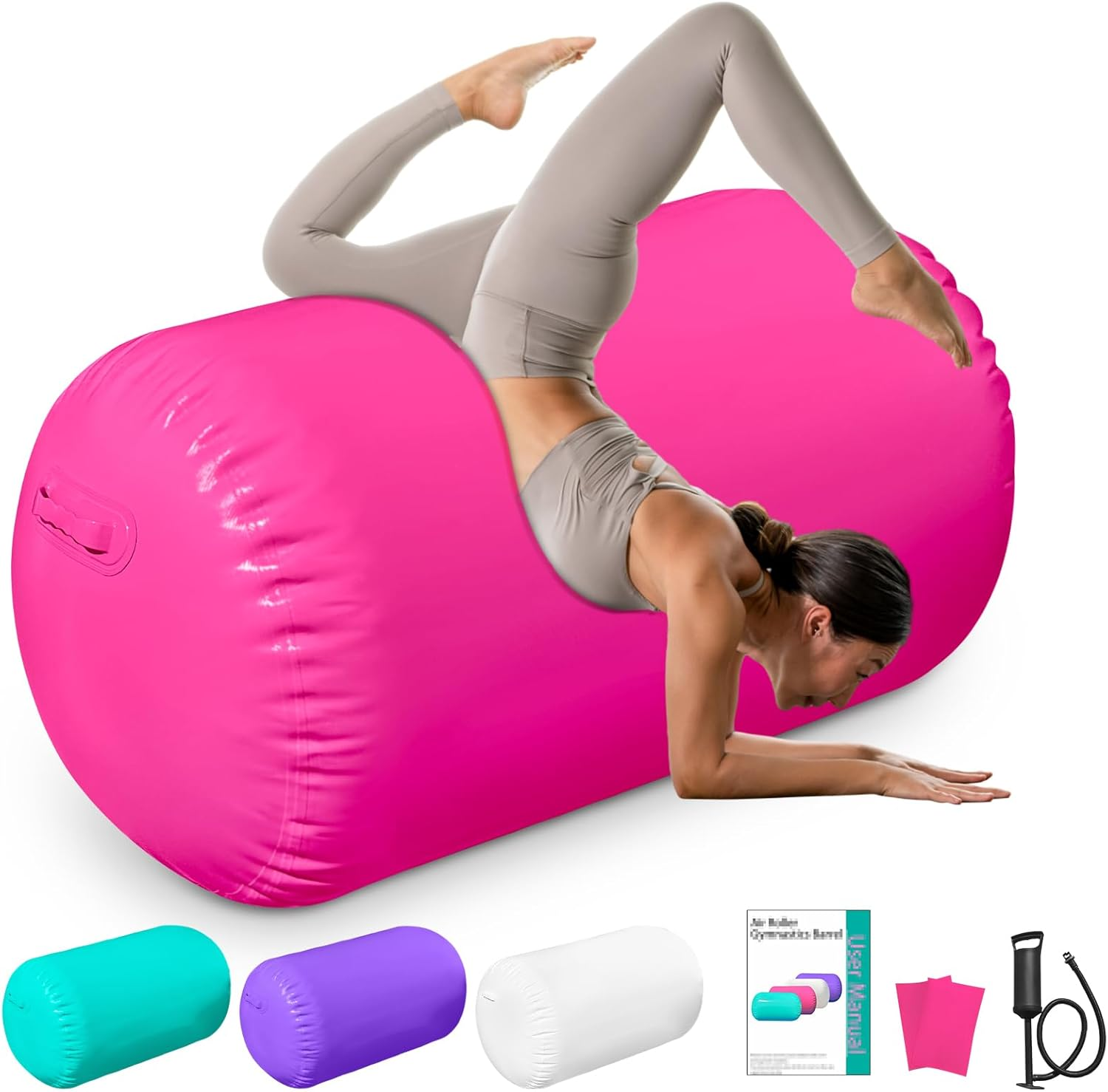 Air Roller Gymnastics Barrel Backhandspring Training Air Barrel Gymnastics Roller for Tumbling Cheerleading Training Yoga Gym with Manual Air Pump