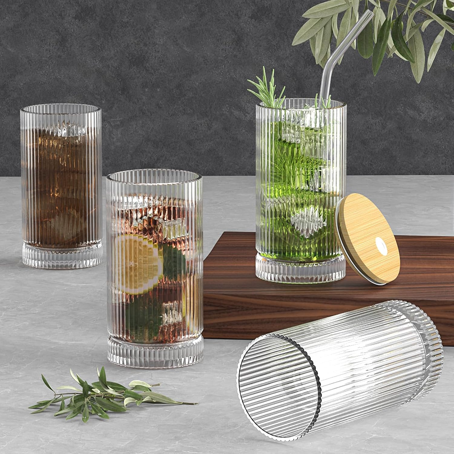 16 Oz Glass Cups with Lid and Straw, Iced Coffee Cups with Lid, Vintage Ribbed Glassware for Whiskey Cocktail Beer (2 PACK) image number 1