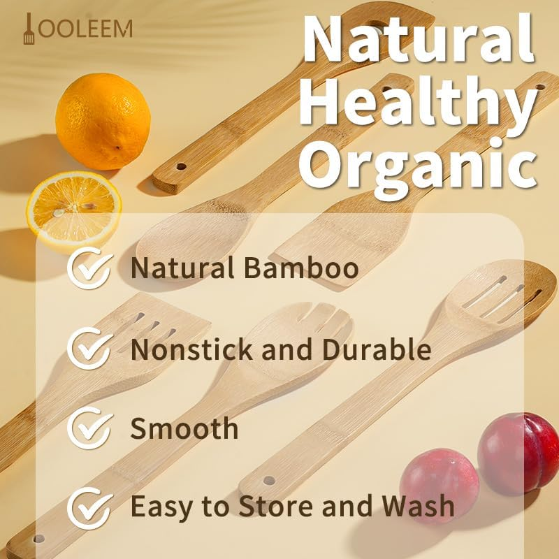 IOOLEEM 6 Pcs Bamboo Wooden Spoons, 12Inch, Non-Stick Kitchen Utensils Set, Natural and Durable Wooden Spatula Spoons for Non-Stick Pan image number 2