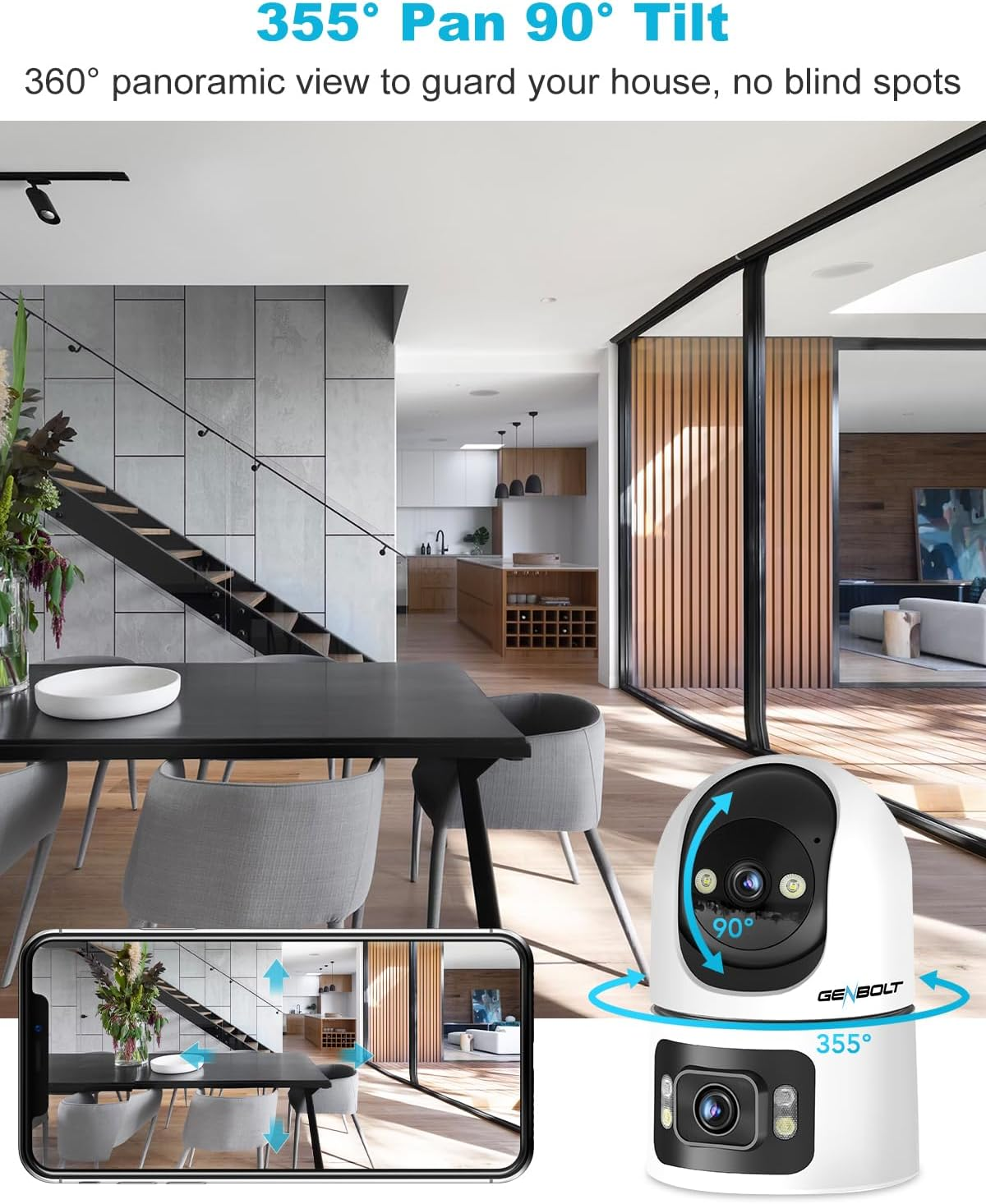 GENBOLT Wifi Security Camera Indoor, 360&deg;Dual Lens Home Surveillance IP Camera CCTV with Humanoid Detection, Auto Cruise Nanny Pet Dog Cam, 2.4&5Ghz Dual Wifi Baby Monitor with Audio Alarm image number 4