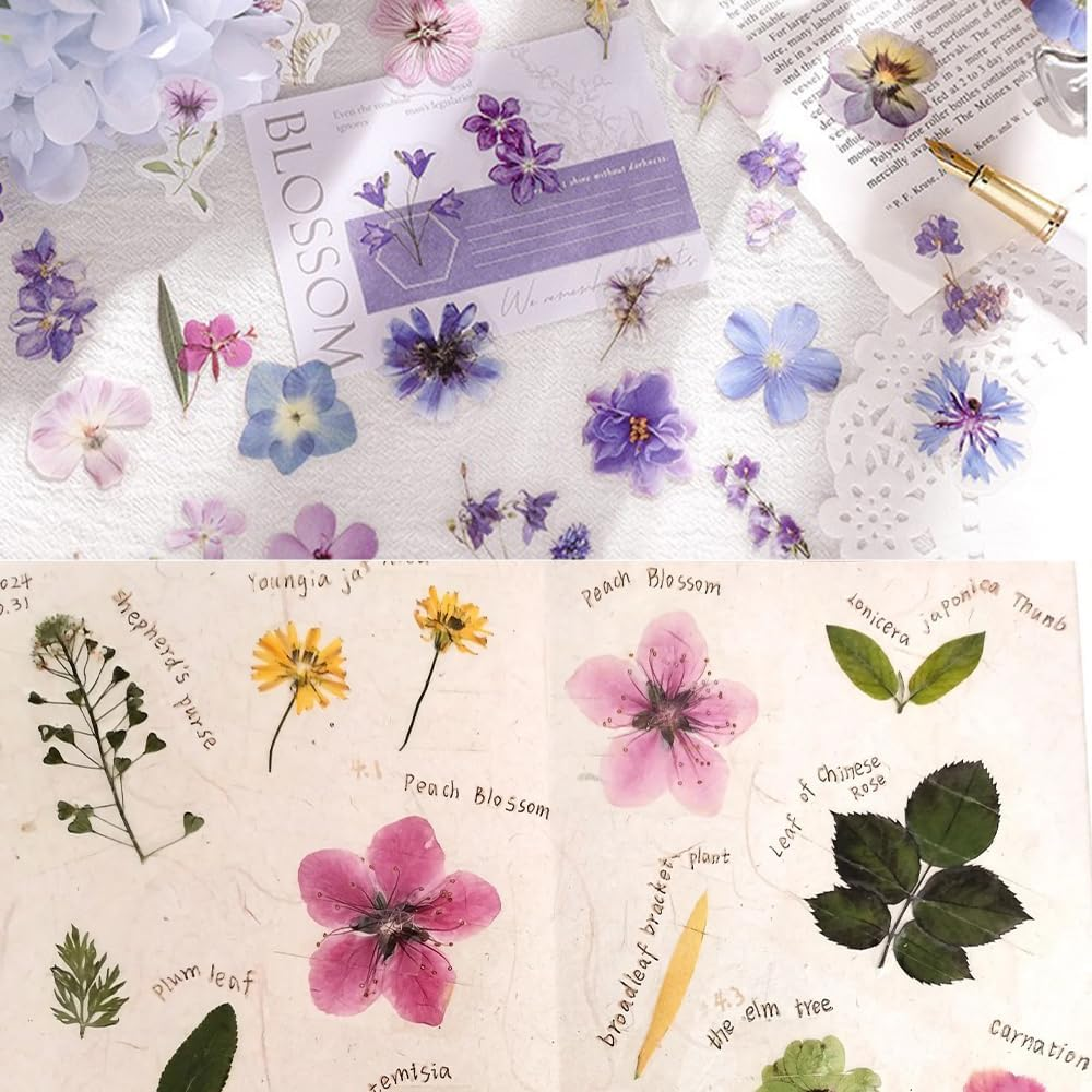 FRAINBOWZ 90Pcs Flower Sticker Scrapbook, Natural Transparent Flower Sticker Scrapbook for Craft Card Notebook Diary DIY Craft image number 5
