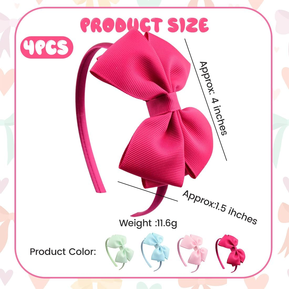 XYTAHDM Pack of 4 Coloured Bows Headbands, Headbands for Girls and Women, Cute Non-Slip Plastic Headbands, Fashionable Hair Accessories for Everyday and Celebrations image number 5