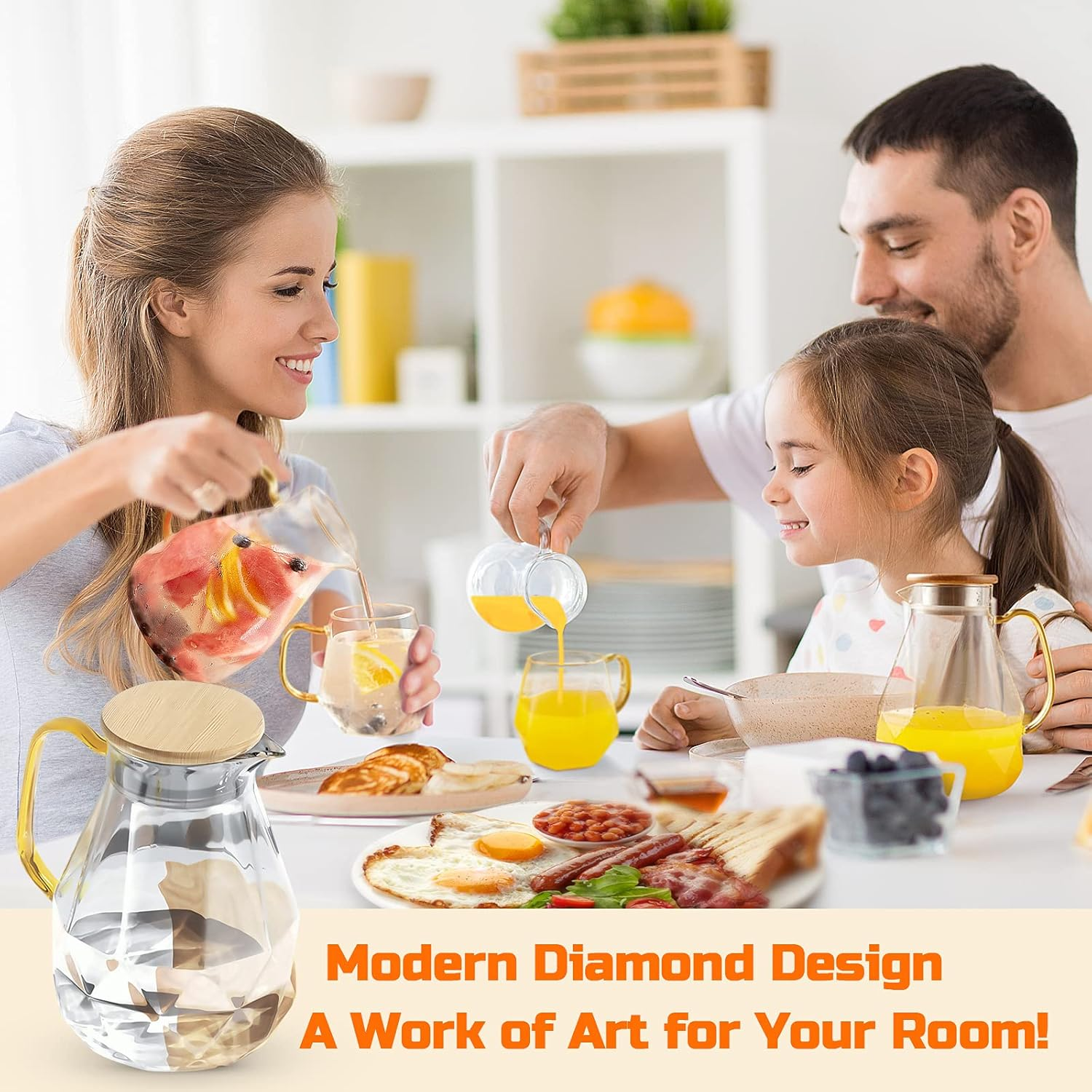 DUJUST Glass Pitcher with Lid [68 Oz], Elegant Diamond Design Water Pitcher with Handle, Decoration for Room, High Durability Water Glass Carafe for Ice Tea Maker, Beverage, Hot/Cold Coffee - 1 Pitcher Black image number 5