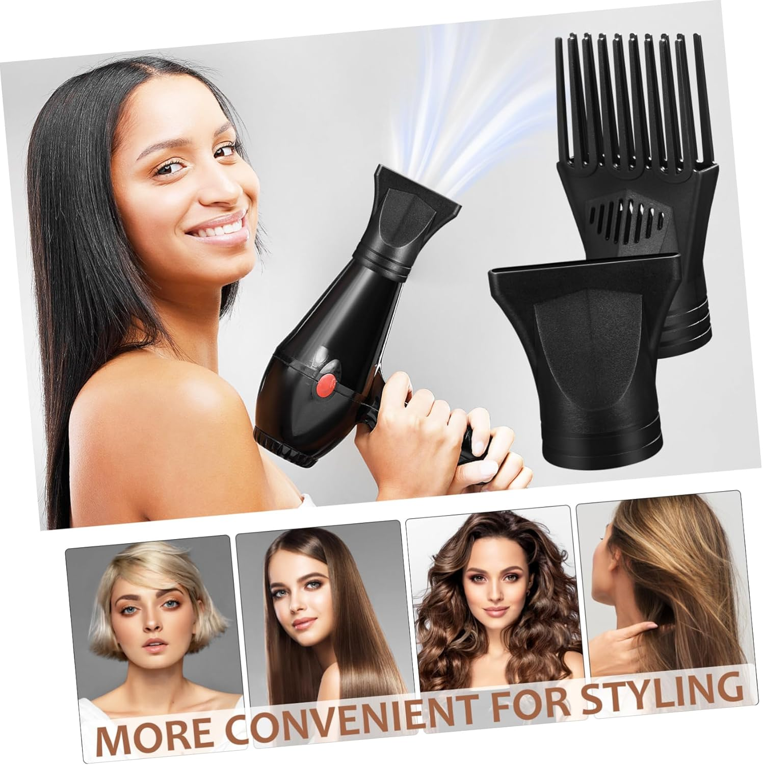 WOONEKY 2 Pcs Professional Hair Dryer Nozzle Attachments Universal Blow Dryer Comb Diffuser Flat Head + Long Comb Nozzle Hair Dryer Accessories for and Styling image number 3