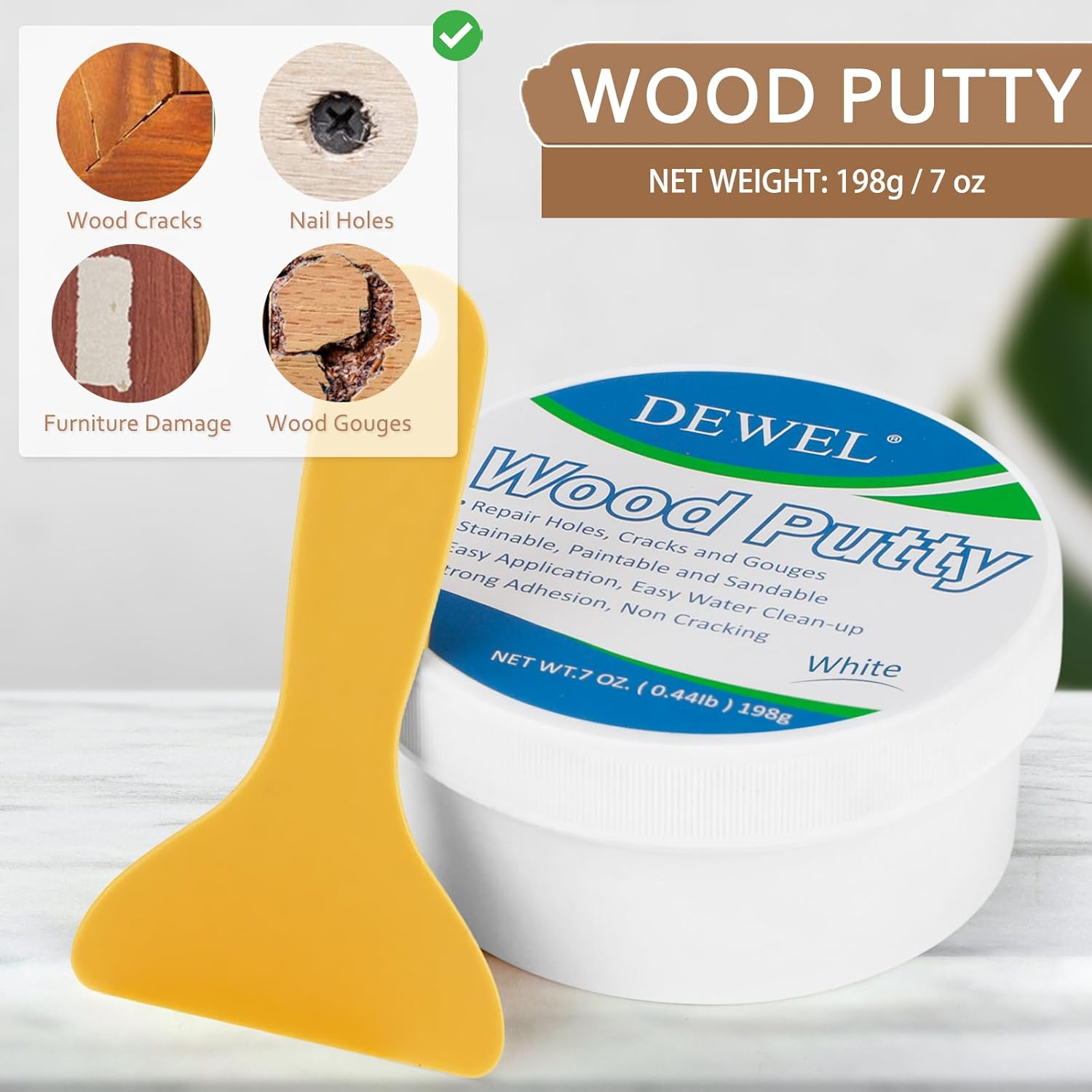 DEWEL Wood Putty, White Wood Filler, New Upgrade Putty Filler Paintable, Stainable, Sandable, Furniture Repair Kit Quickly Restore Hole, Floor, Door
