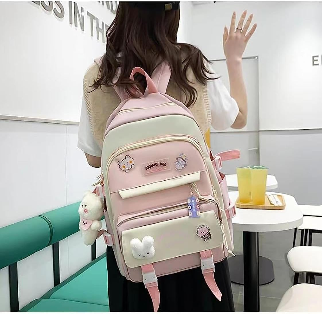 5 Pcs Cute Aesthetic Backpack Set with Pins and Pendant Kawaii Japanese Backpack College Laptop Bookbag Preppy Backpack image number 6