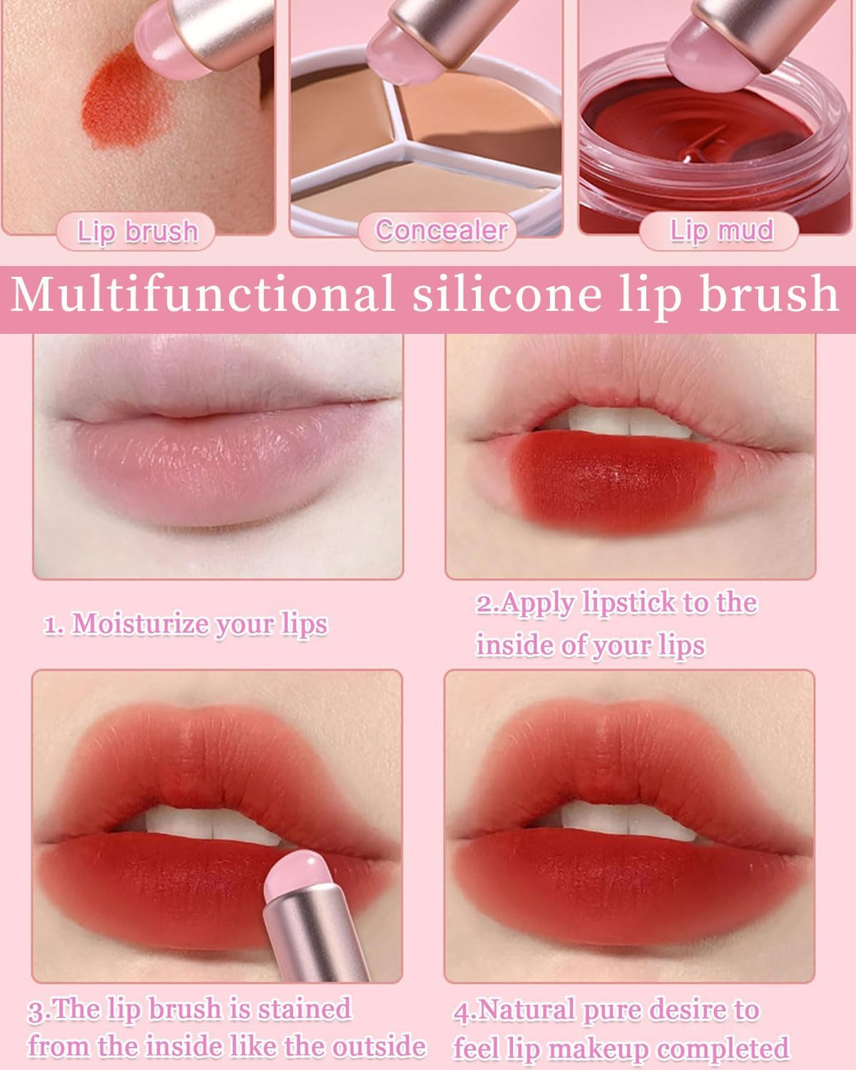 KGDUYC 2 Pieces Lip Brush Silicone Silicone Nail Brush, Ombre Nail Brush, Silicone Nail Tools, Reusable Silicone Chrome Applicator for Nails, with Protective Cap Manicure, Pink image number 5