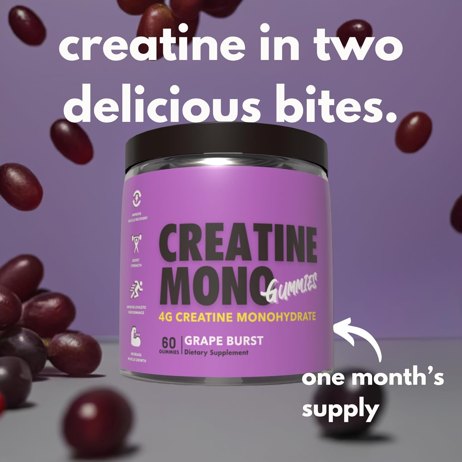 Creatine Monohydrate Gummies for Muscle Endurance, Growth and Power | Convenient Pre-Workout Supplement Grape Flavour, 4000Mg per Serve, 60 Pieces, 30 Serves - the Gummy Lab image number 2