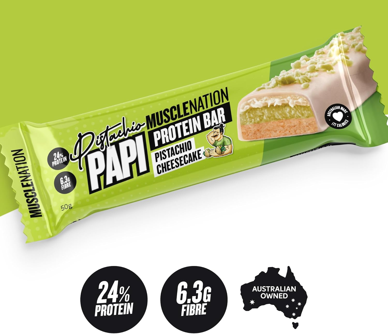 Muscle Nation Cheesecake Pistachio Papi Protein Bar 12 X 50G image number 1
