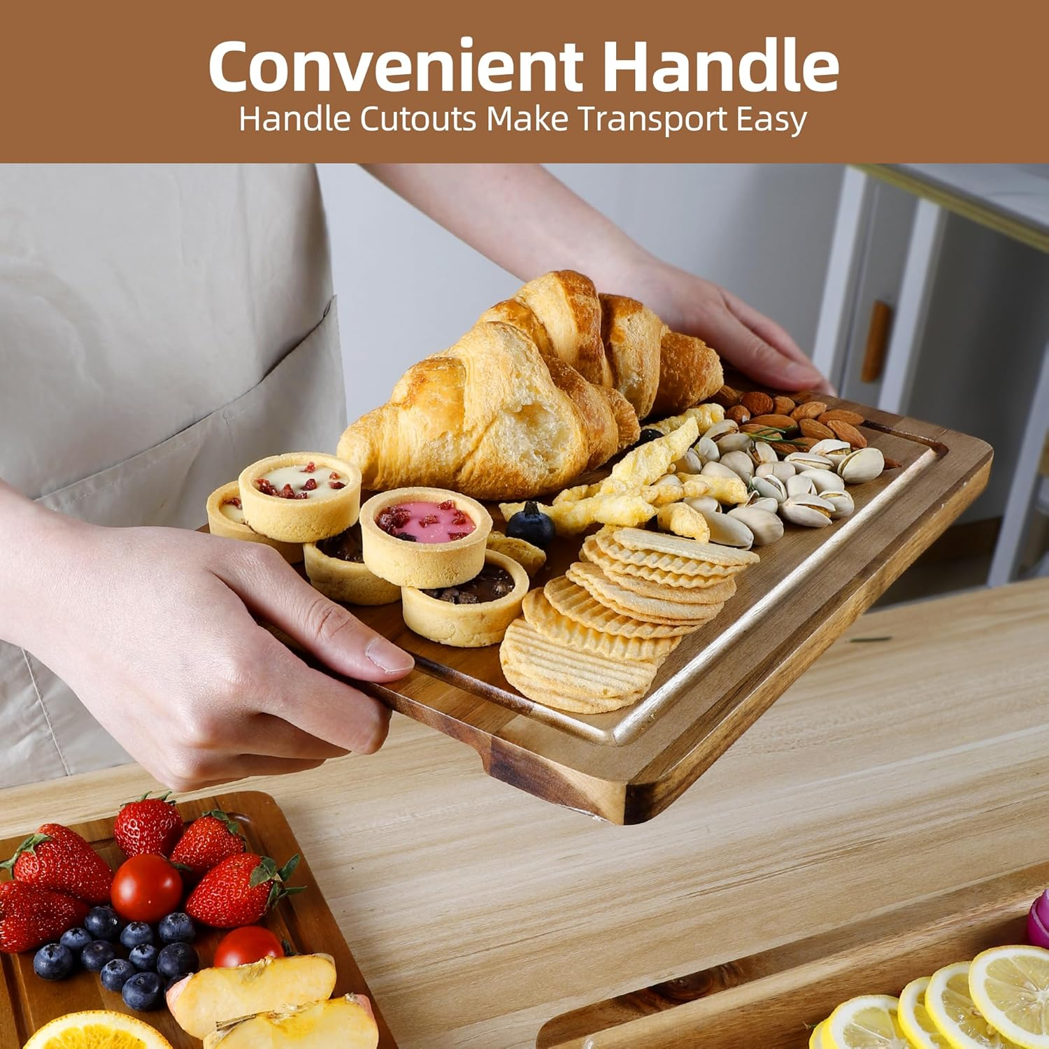 TJ POP Acacia Wood Chopping Board Set of 4, Wooden Chopping Boards with Food Symbols for Kitchen, Charcuterie Board for Meat, Vegetables, Fruits, Cheese