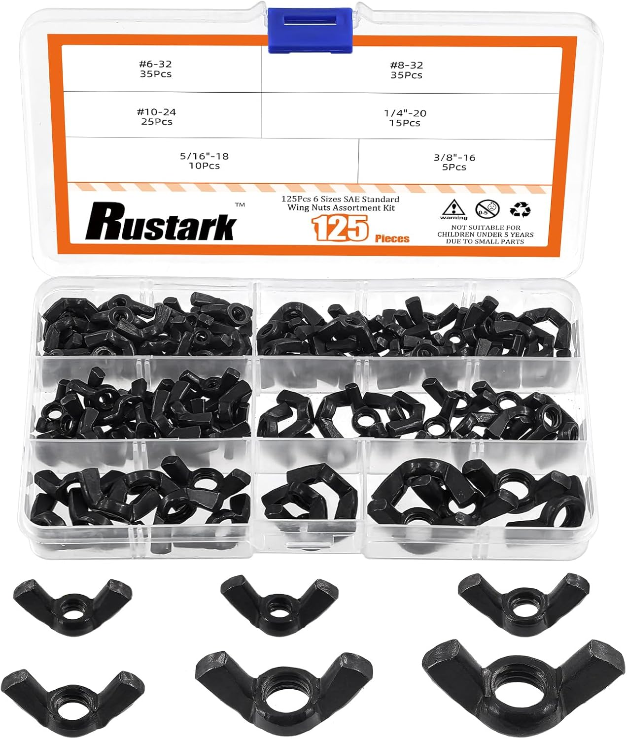 Rustark 125Pcs 6 Sizes Black SAE Zinc Plated Butterfly Wing Nuts Assortment Kit Butterfly Wingnuts Carbon Steel Wing Nuts Hand Twist Secure Fasteners for Industrial Machine image number 4