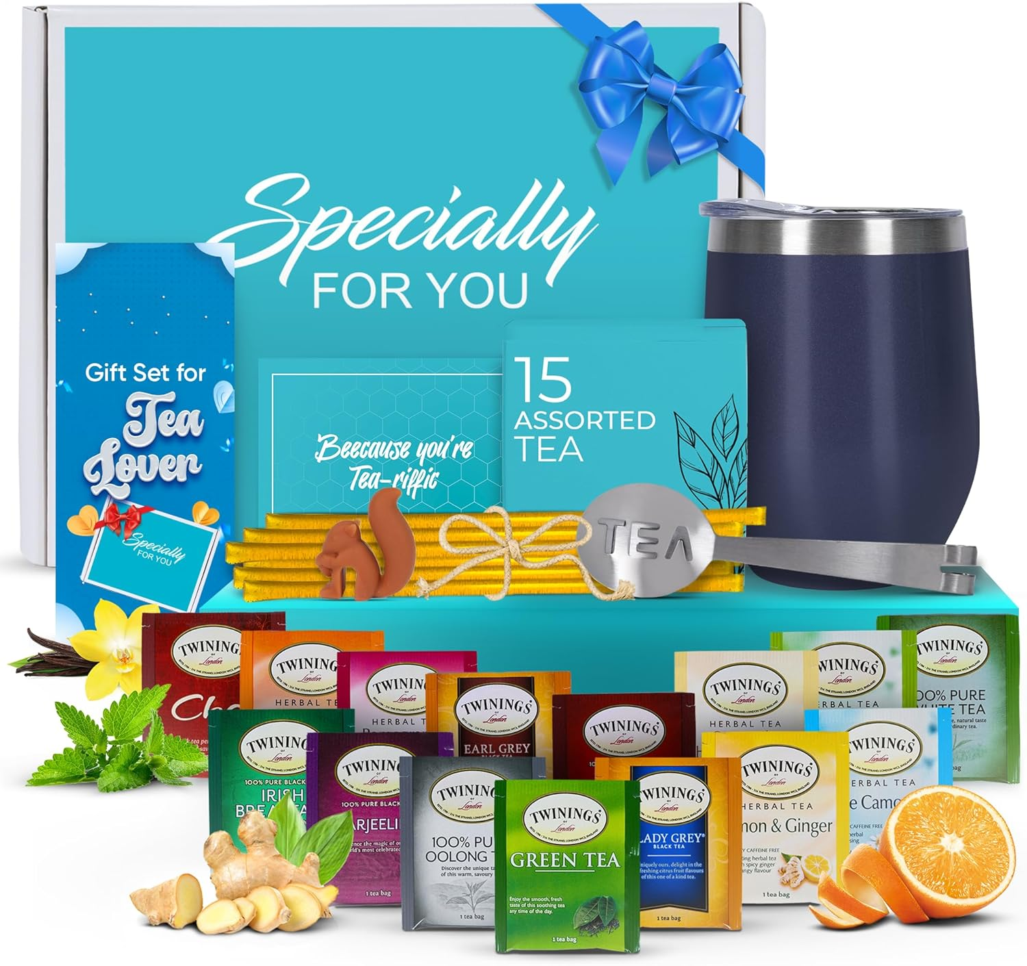 Tea Gifts for Women &ndash; Sampler Gift Basket with 15 Unique Blends, Honey Sticks, Stainless Tumbler & Gift-Ready Box (Teal)