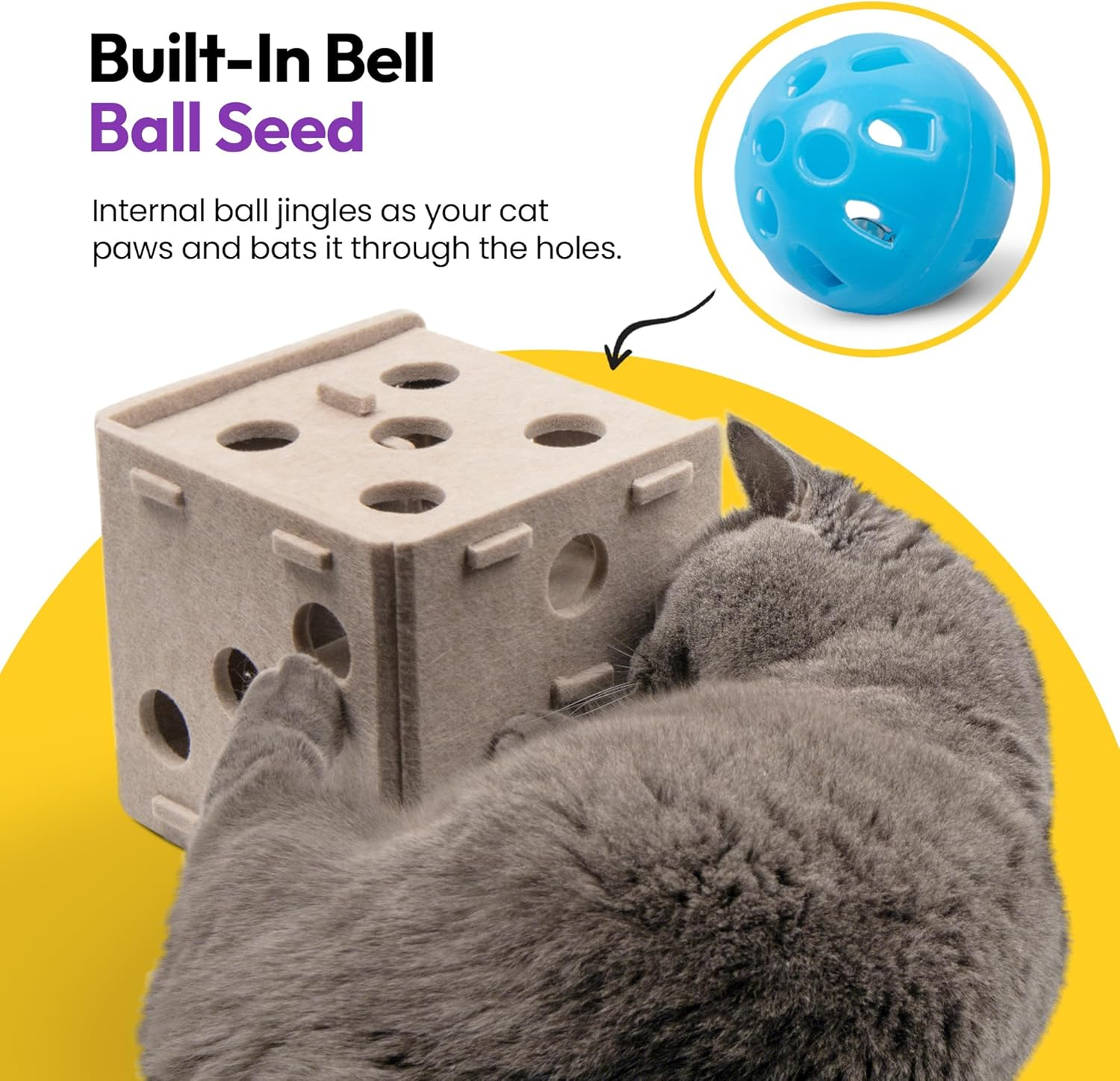 PURRZ Dice-Shaped Felt Cat Toy &ndash; Interactive Cube Play Box for Cats & Kittens &ndash; Durable Polyester Felt with Paw Holes & Internal Bell Ball, Puzzle Toy for Cats (Grey) image number 3
