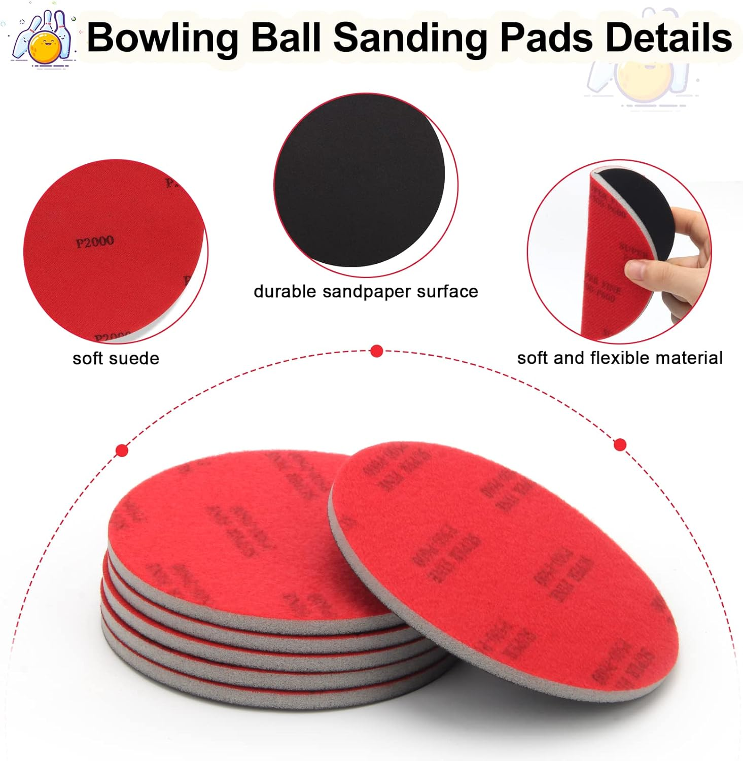 Windspeed 6+1 Pack Bowling Ball Sanding Pads with Bowling Towels, Bowling Ball Cleaning Pad 500/1000/2000 Bowling Ball Grit Pads image number 2