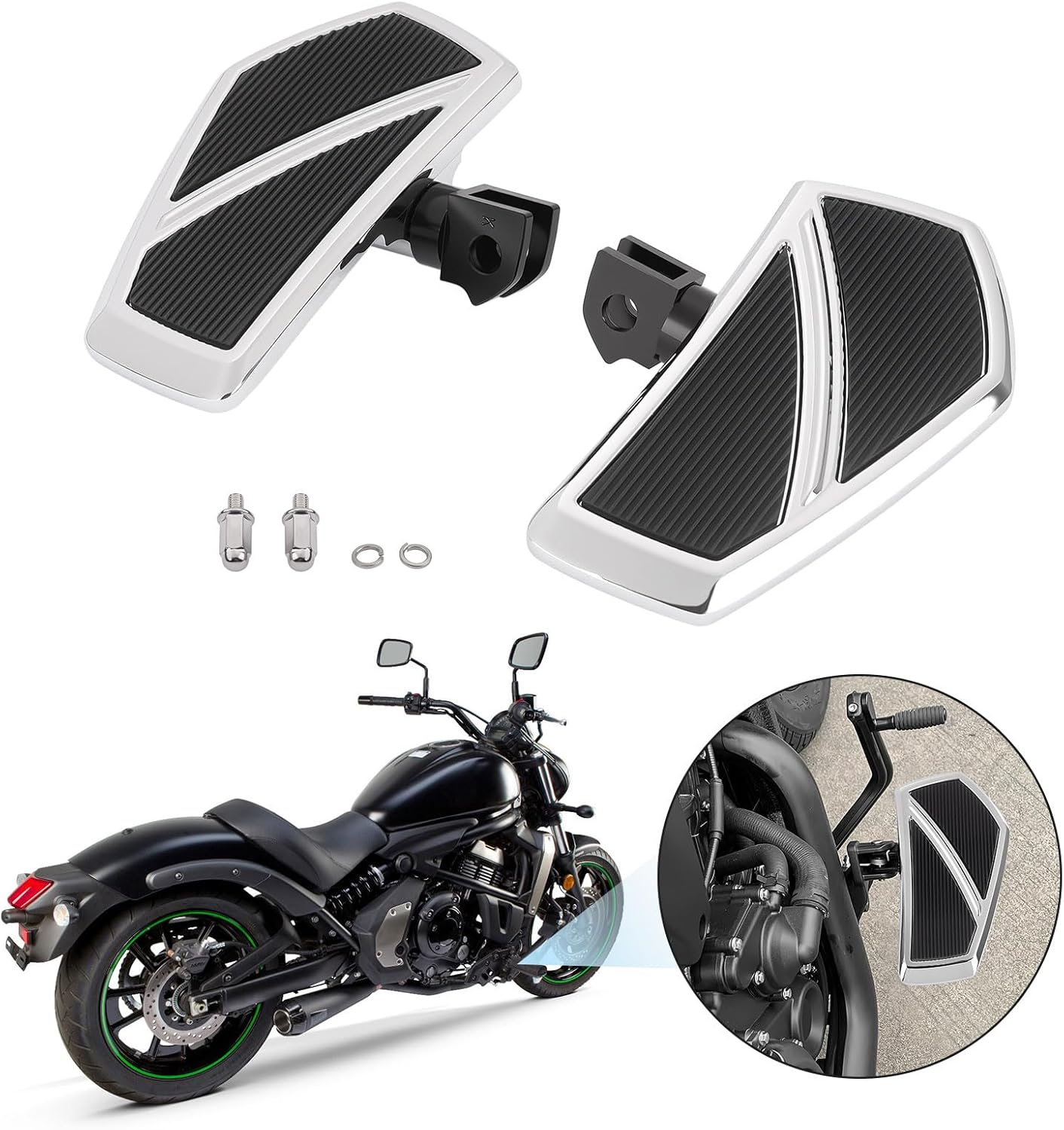 Front Footpegs Rider Floorboards Compatible with Kawasaki Vulcan S 650 Accessories 2015-2025 Anti-Slip Wide Motorcycle Highway Pegs (Chrome) image number 5