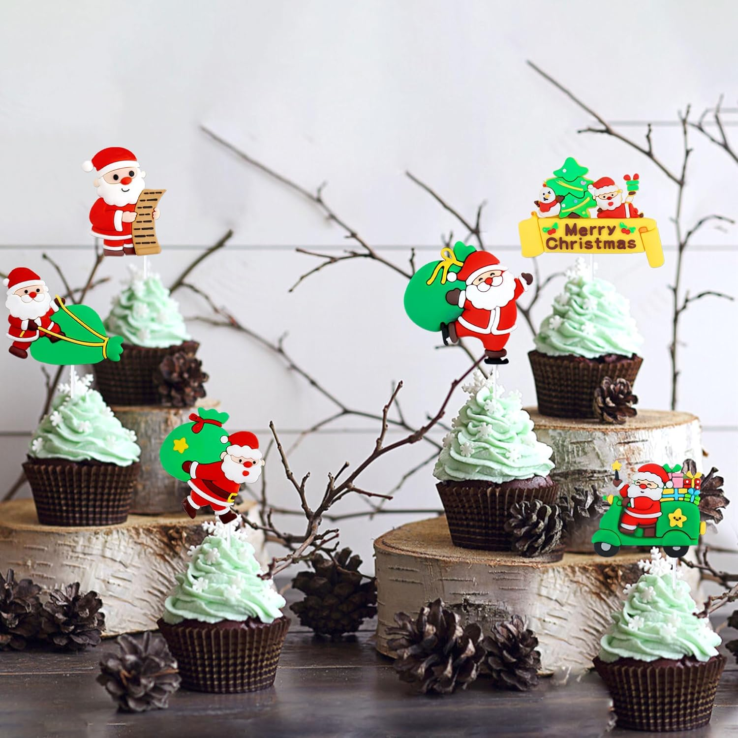 6Pcs Christmas Cupcake Toppers Santa Claus Cupcake Picks Winter Merry Christmas Theme New Year Holiday Birthday Party Cake Decorations Supplies image number 6