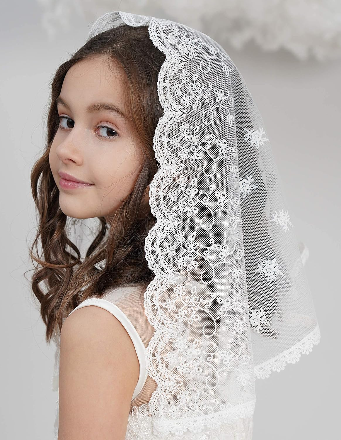 Flowergirl Veils First Communion Veil Lace Floral Edge Veil Headwrap for Grils F5 - Ivory Veil-Flowers image number 7