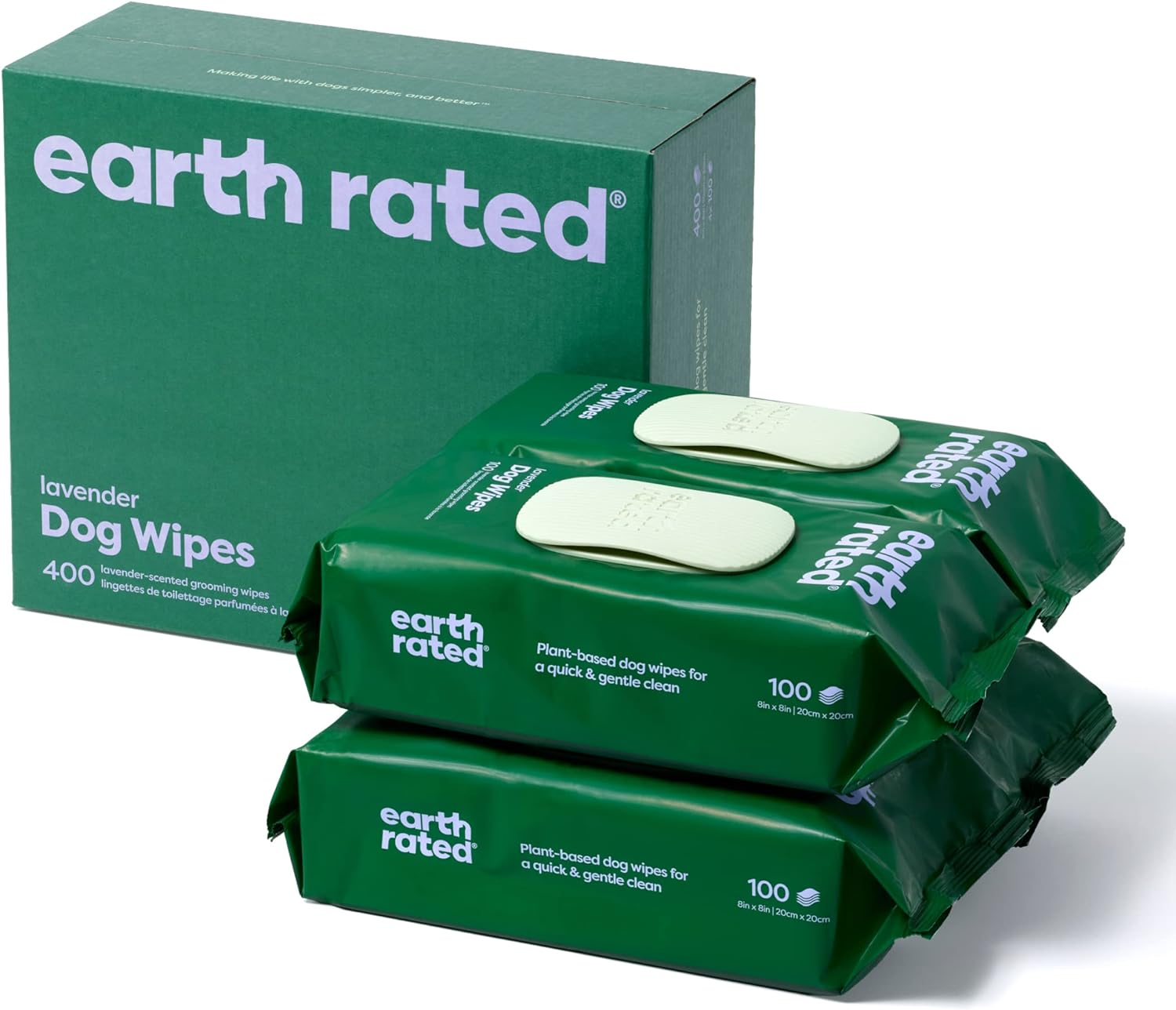 Earth Rated Dog Wipes, 400 Plant-Based and Compostable Wipes for Dogs & Cats, Usda-Certified 99 Percent Biobased, Hypoallergenic, 20X20 Cm Deodorizing Grooming Pet Wipes for Paws, Body and Butt