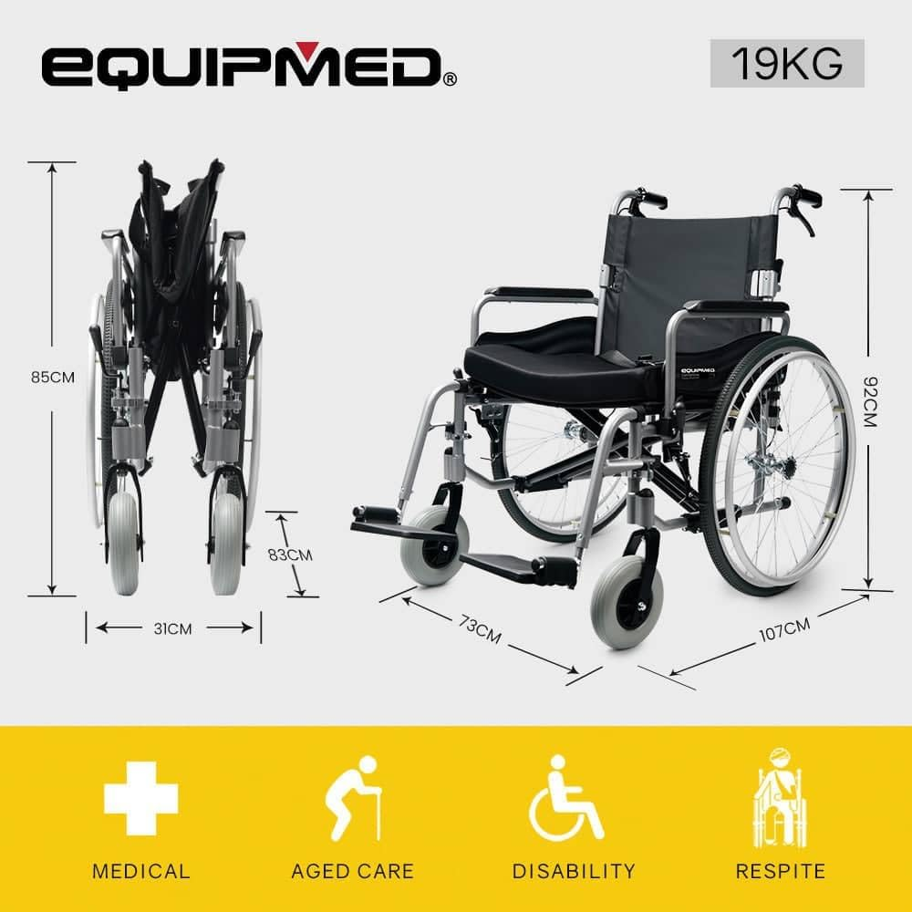 "Equipmed Folding Wheelchair XXL Extra-Wide Bariatric Seat, Aluminium Frame, 150Kg Capacity, 24 Inch Wheels, Park Brakes, Black" image number 5