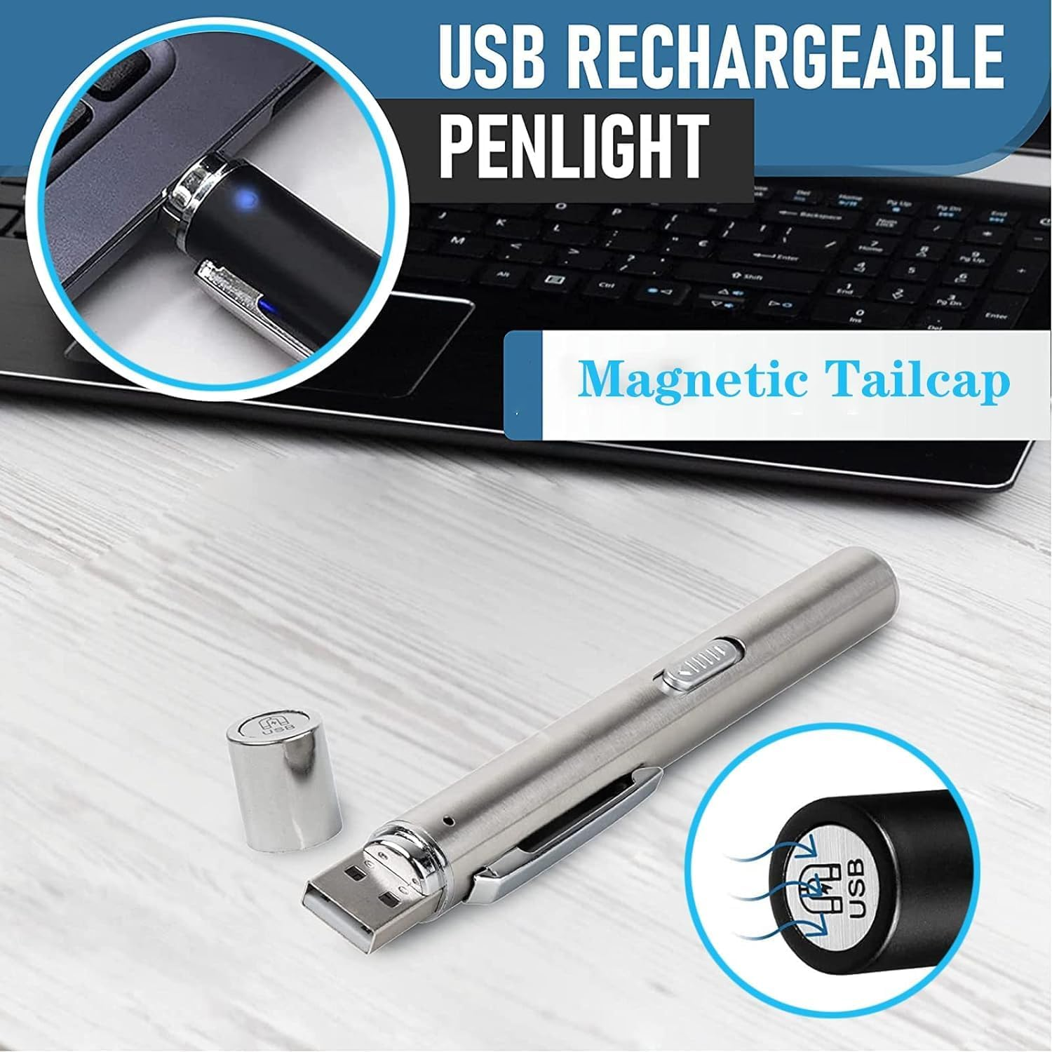 YUENTOEN Pen Light, USB Rechargeable LED Flashlight with Pupil Gauge Stainless Steel Clip Dual Light Source for Home and Outdoor(Silver+Black) image number 5