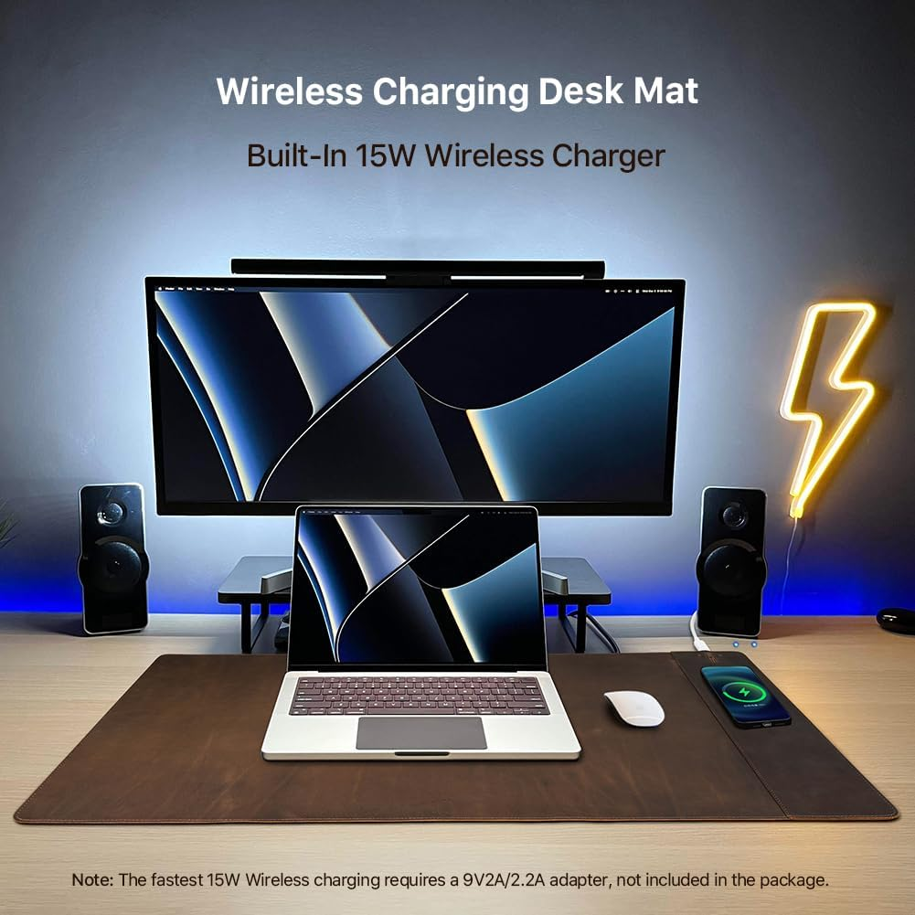 Contacts Top Grain Leather Wireless Charging Desk Mat with 15W Wireless Charger Type C Chargering Port Computer Desk Pad Large Mouse Pad 80X40 Cm