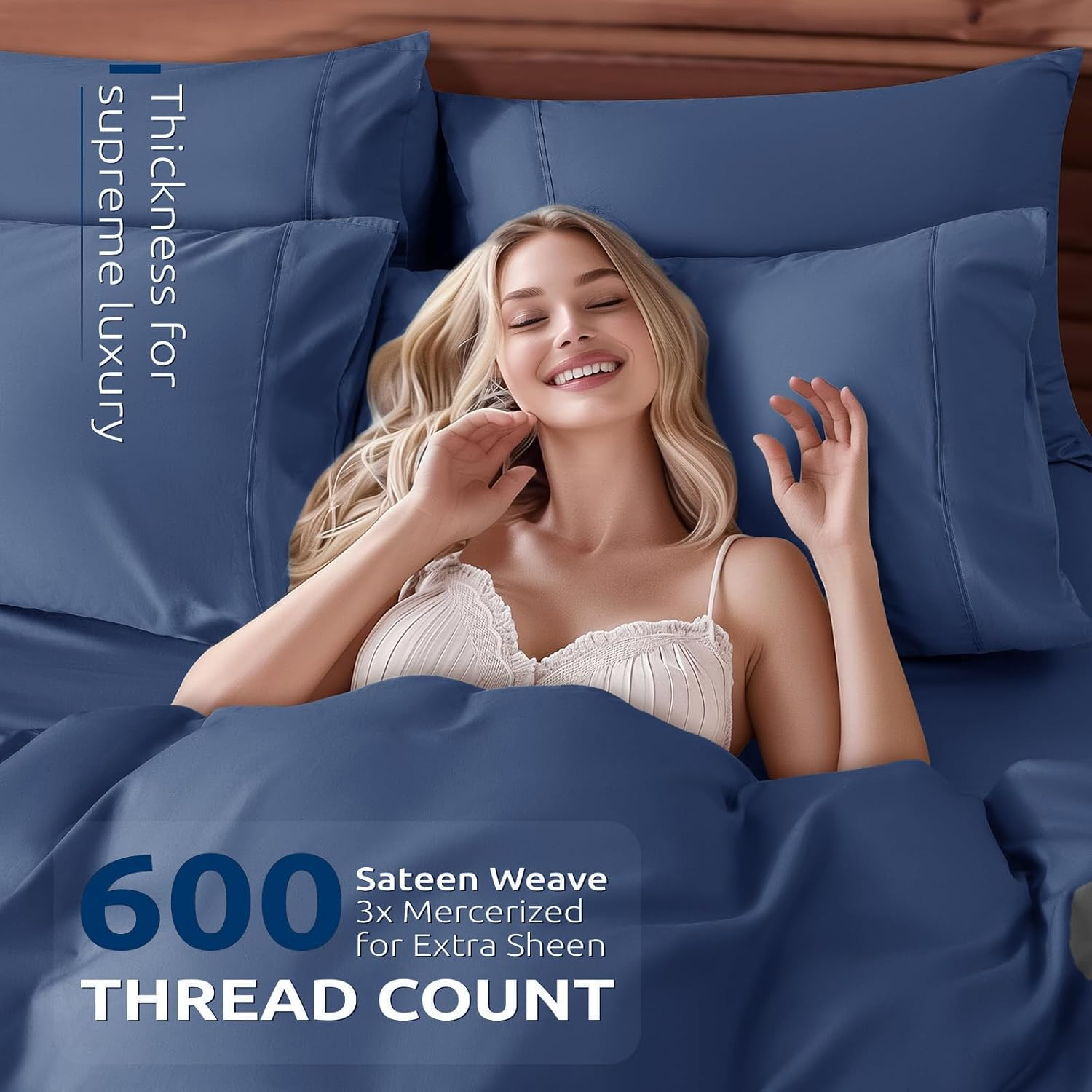 Shilucheng 100% Cotton Full Size Duvet Covers - 600 Thread Count, Luxury Sateen Weave Egyptian Cotton Comforter Cover with Zipper Closure & Corner Ties，Hotel Bedding Duvet Covers 3 Piece (Navy Blue) image number 4