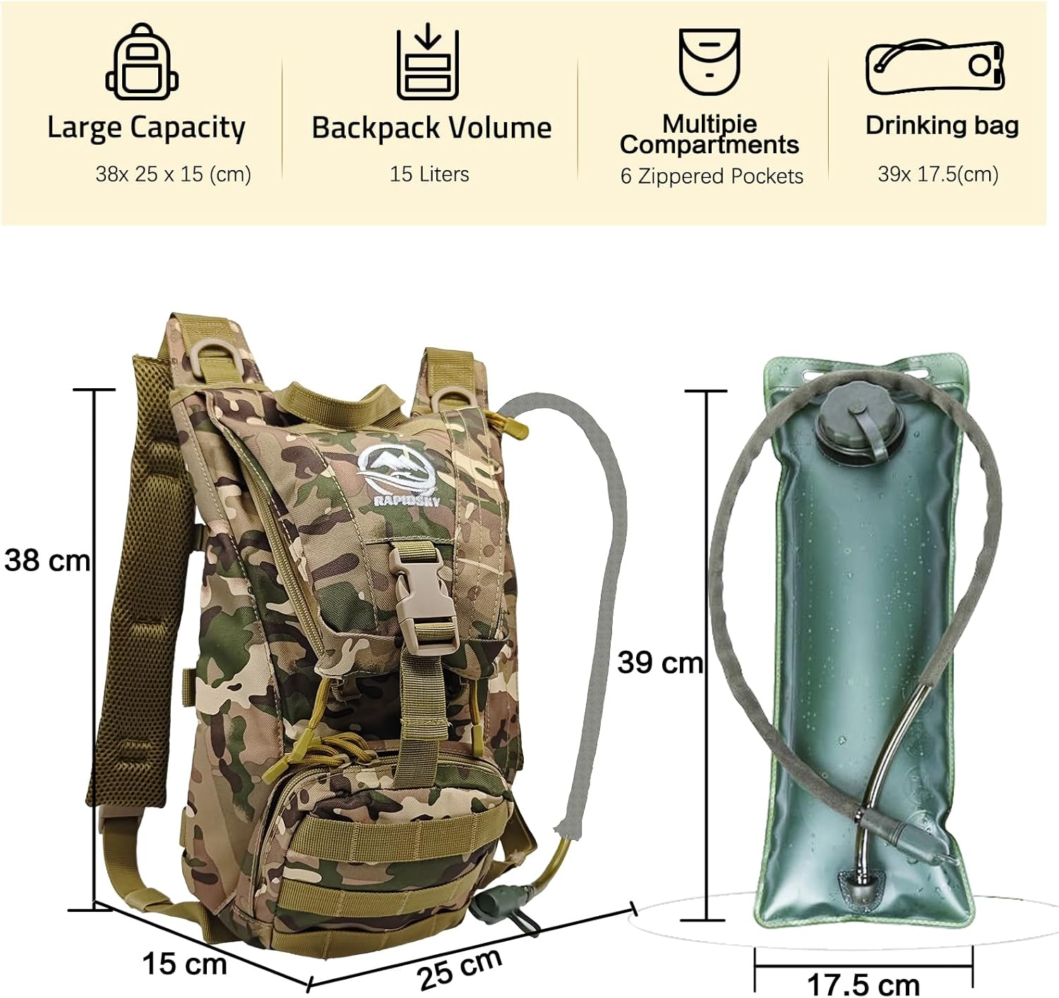 RAPIDSKY Tactical Hydration Backpack 3L - Lightweight Outdoor Water Bladder Pack for Men & Women, Perfect for Hiking, Cycling, Running, Hunting and Camping image number 4