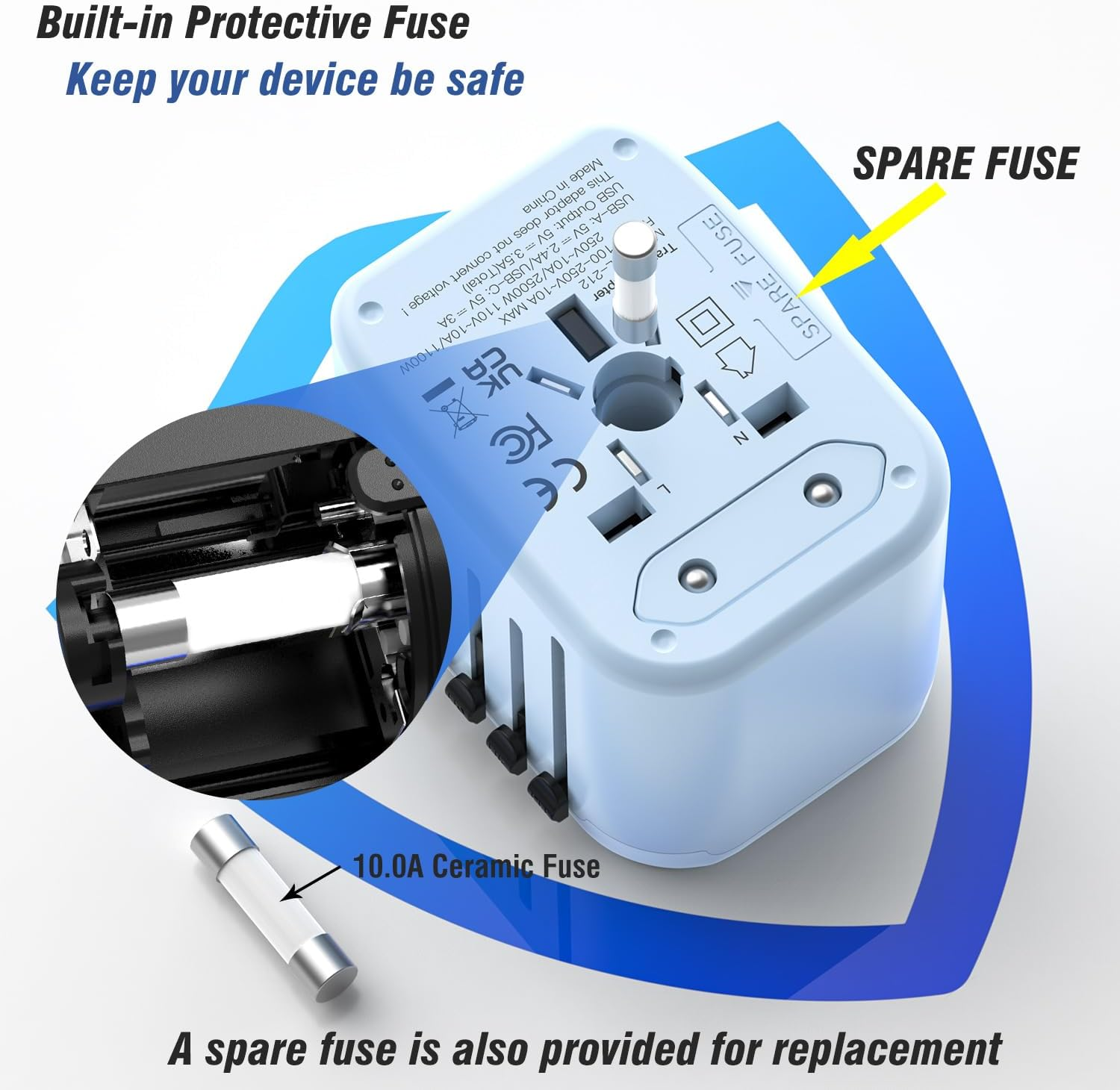 RXSQUL 5 in 1 Universal Travel Adapter, PD20W Fast Charger with 2 USB-C & 2 USB-A Ports for Europe UK US AU Asia - Blue