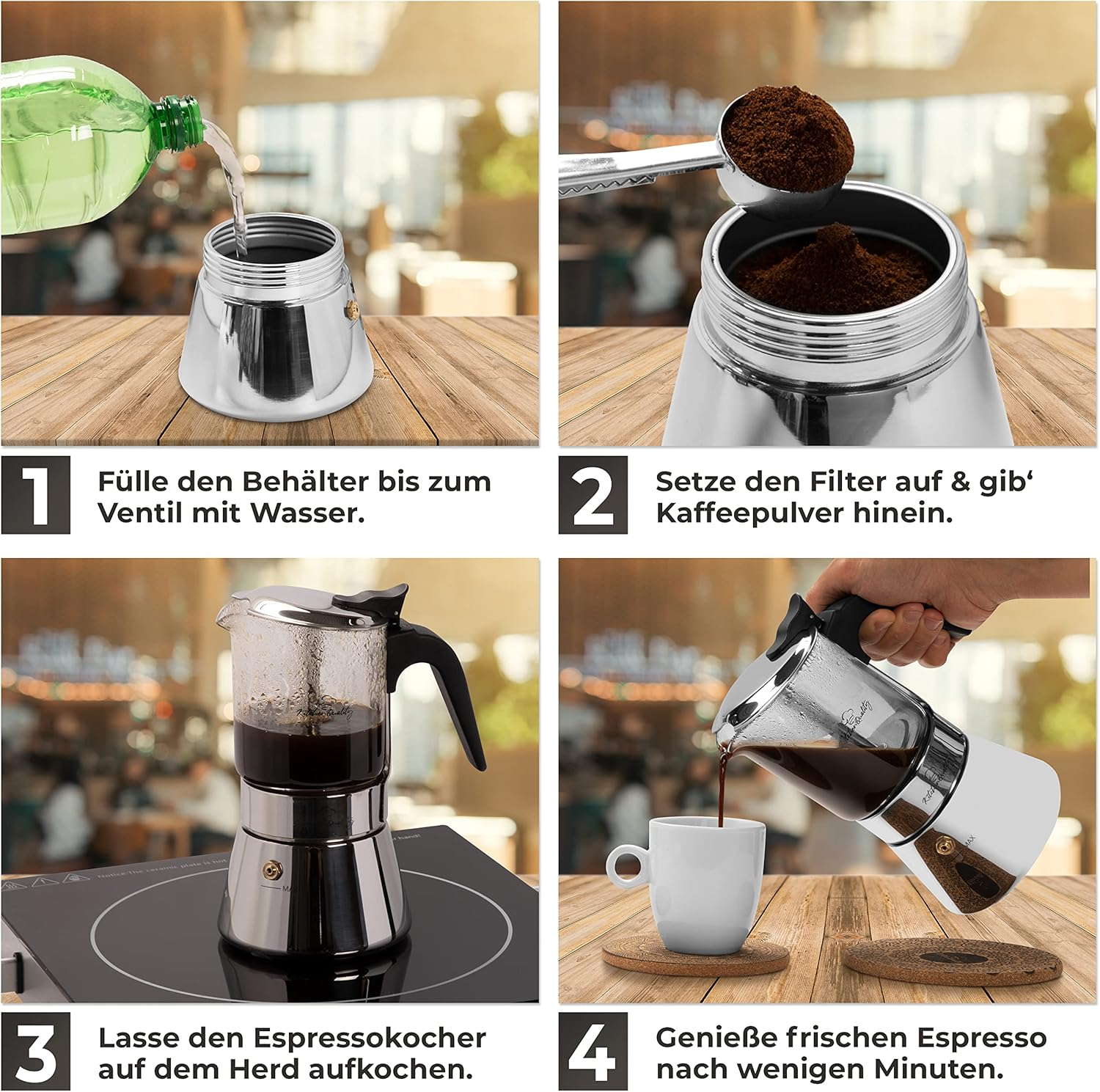 Kitchenquality Espresso Maker - Glass + Stainless Steel - 240 Ml - for 4 Cups - 18.5 X 14 Cm - for Ceramic Hobs, Gas, Electric + Induction Cookers - with Portion Spoon + 3 Cork Coasters image number 4