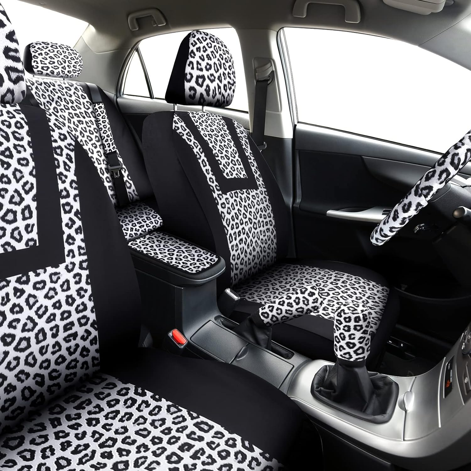 Frienda 24 Pcs Leopard Car Accessories Leopard Car Seat Cover Full Set Cheetah Steering Wheel Metal License Plate Headrest Seat Belt Armrest Pad Handbrake Gear Cover Keyring(White Black) image number 4