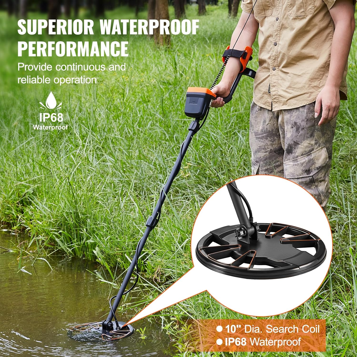 VEVOR Metal Detector for Adults&Kids, 250Mm, Professional Adjustable Higher Accuracy Gold Detector, IP68 Waterproof Coil with LCD Display 7 Modes Advanced DSP Chip, for Detecting Gold Treasure Hunting