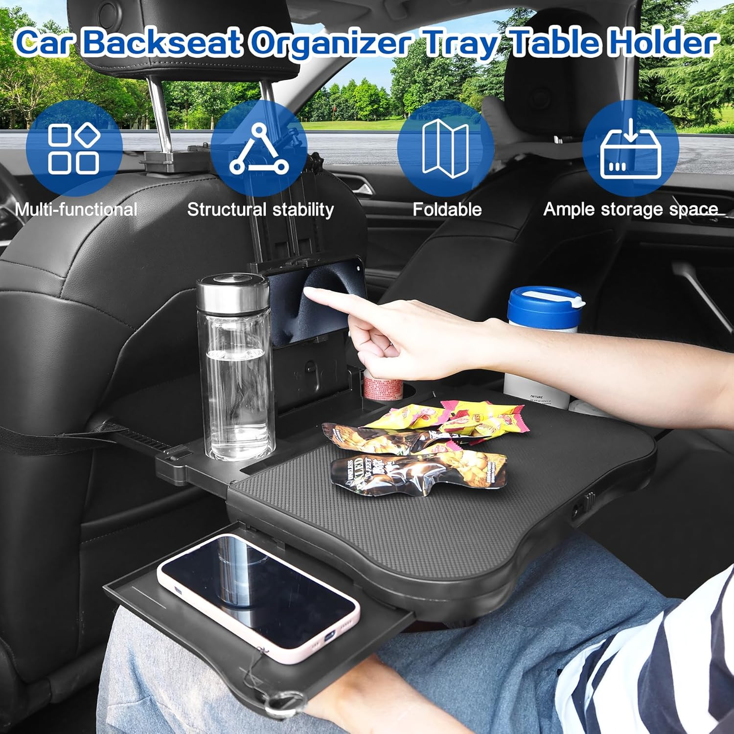 Car Backseat Table with Expandable Tray, Foldable Car Headrest Table for Kids Passenger Seat Back Travel Organizer Holder, Eating Working Laptop Desk with Phone & Cup Holder for Cars SUV Truck