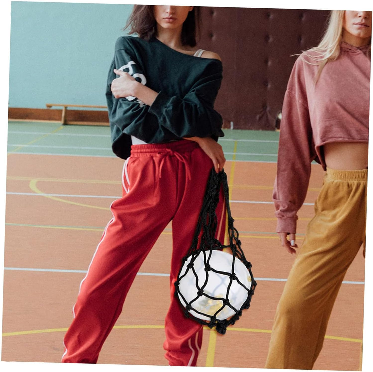 2 Pack Sports Ball Bag,Basketball Net Bag,Soccer Football Mesh Storage Bag,Nylon Carry Bag for Holding Basketball,Soccer, Volleyball(Black,Yellow) image number 5