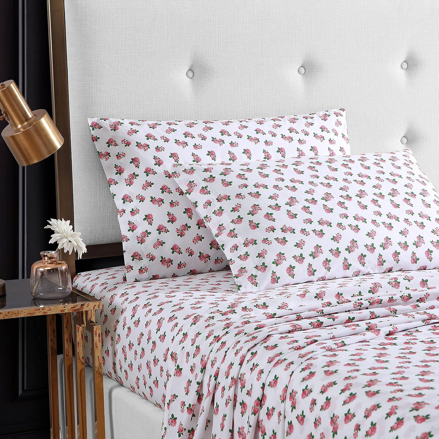 Betsey Johnson- Queen Sheet Set, Cotton Percale Bedding Set, Crisp & Cool, Lightweight & Breathable (Teeny Tiny Roses, Queen) image number 5