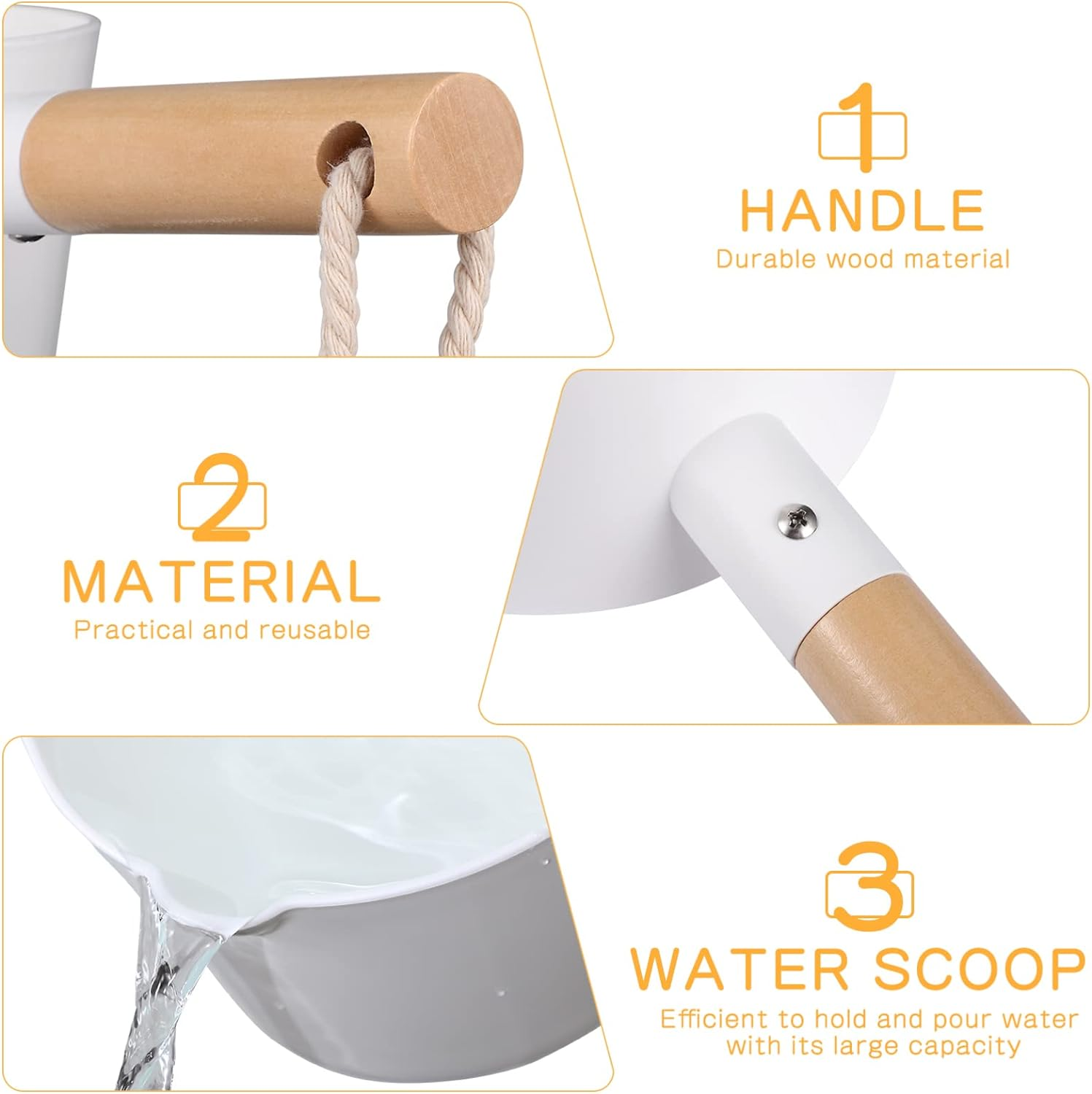 Hemoton Water Ladle Long Handle, Plastic Wood, 16Cm/6.3In Diameter, 14.5In Handle, White, Bathroom Ladle, 1Pc, BPA Free image number 3