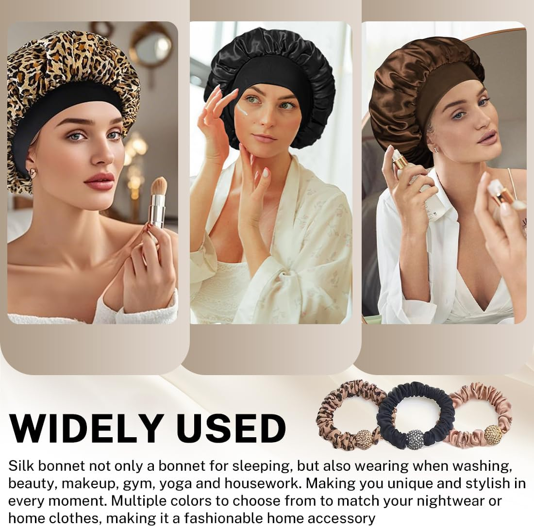 KIRZAX Pack of 3 Silk Caps for Sleeping, Breathable Sleep Cap, with 3 Hair Elastics, Satin Hair Cap for the Night, for Women and Girls (Black, Brown, Leopard) image number 1